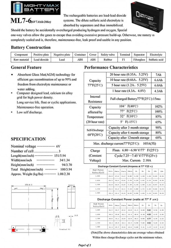 6v 7000 mAh UPS Battery Replacement for GS Portalac PE6V7F1
