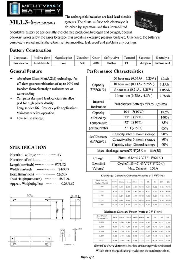 6V 1.3Ah SLA Replacement Battery for NPP UB6130