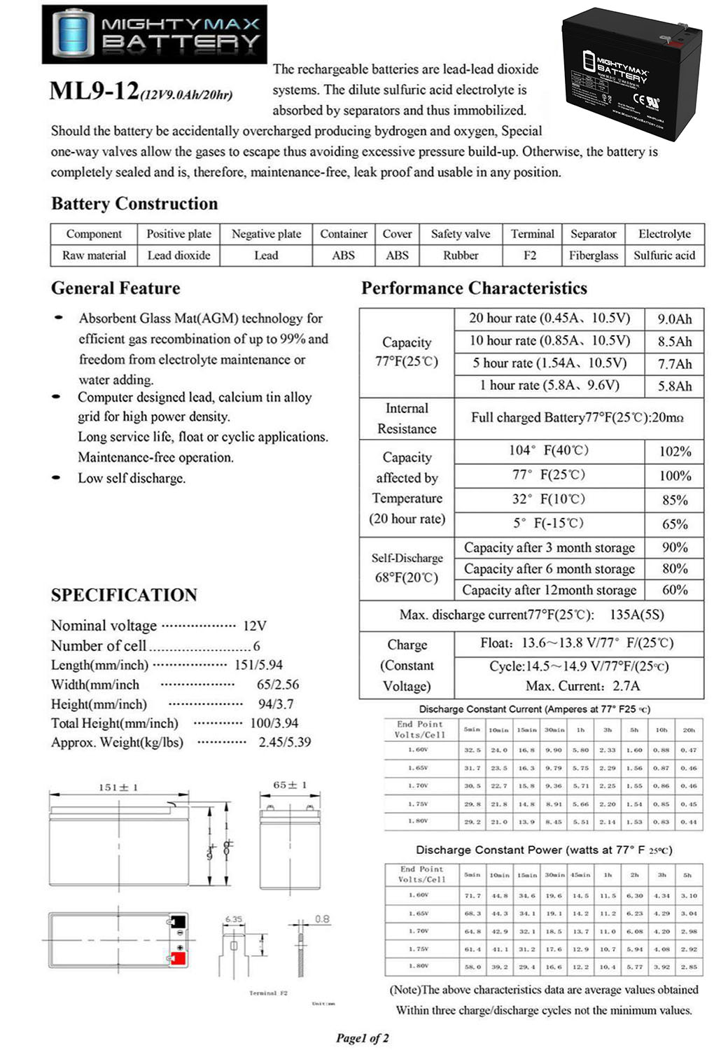  Batería de repuesto 12V 9AH SLA para Prostar 6PS0070H - 6  unidades