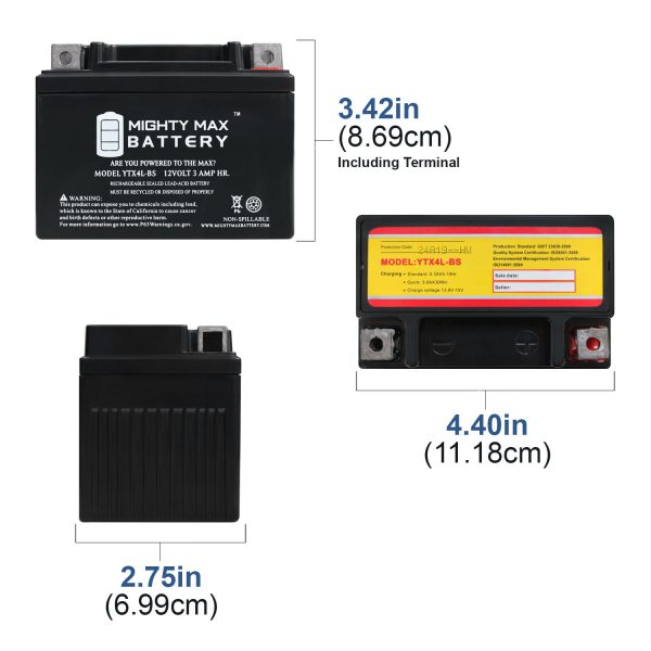 YTX4L-BS 12 VOLT 3AH MOTORCYCLE BATTERY REPLACES YTX4L-BS