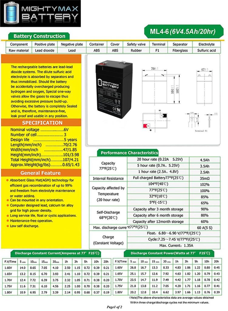thumbnail image 2 of Mighty Max ML4-6 6V 4.5Ah SLA Battery 3 Pack For Alarm Scooters UPS 2 of 6