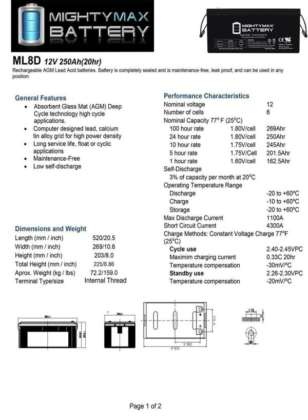 Sealed Lead-Acid Battery - AGM-type, 12V, 250 Amps