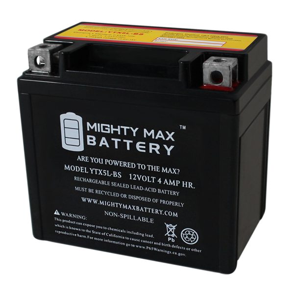 YTX5L-BS -12 Volt 4 AH, 80 CCA, Rechargeable Maintenance Free SLA AGM Motorcycle Battery