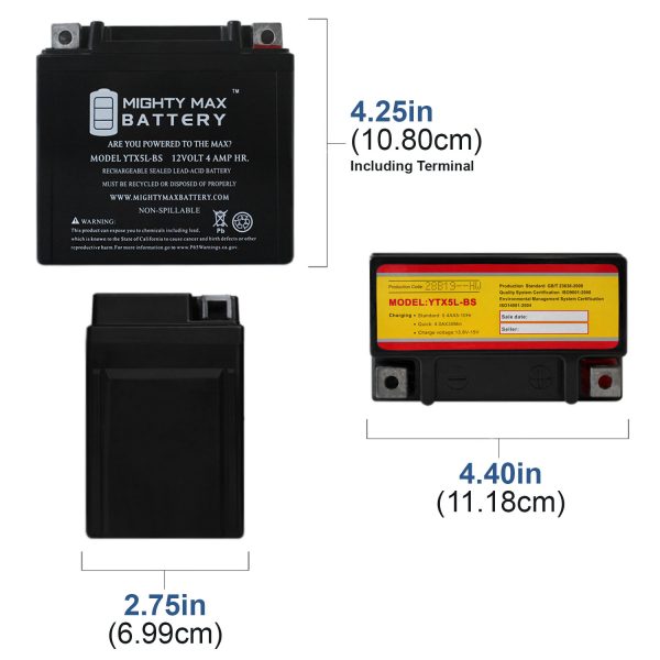 YTX5L-BS -12 Volt 4 AH, 80 CCA, Rechargeable Maintenance Free SLA AGM Motorcycle Battery