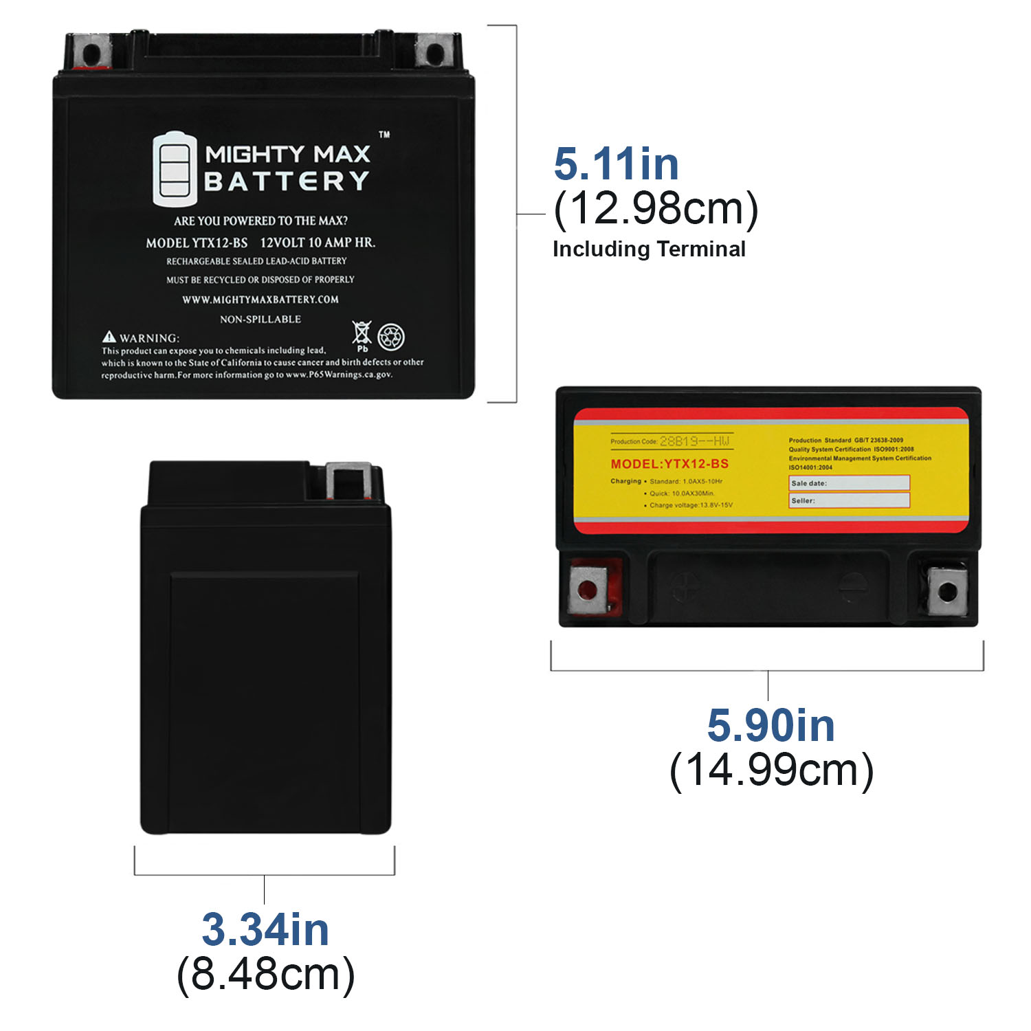 YTX12-BS -12 Volt 10 AH, 180 CCA, Rechargeable Maintenance Free SLA AGM  Motorcycle Battery - MightyMaxBattery