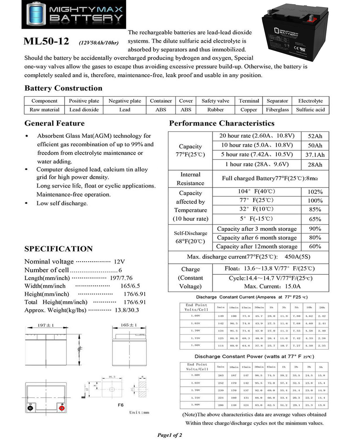 ML50-12 -12V 50AH SLA Replaces Power Wheelchair MK ES50-12 ...