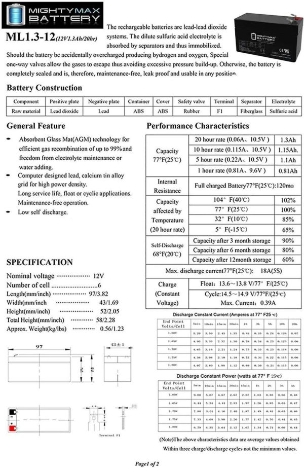 ML1.3-12 - 12 Volt 1.3 AH, F1 Terminal, Rechargeable SLA AGM Battery