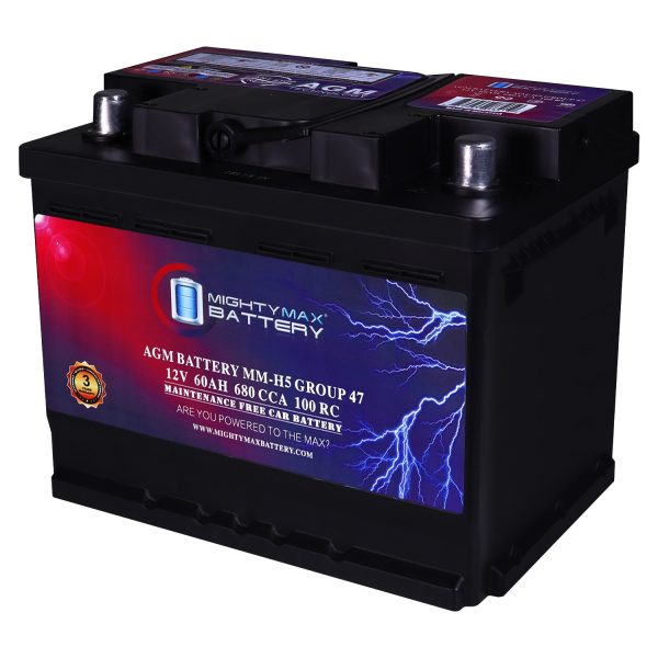 Mighty Max Battery MM-H5 Start and Stop Car Group Size 47 12V 60 AH, 100RC, 680 CCA Rechargeable AGM Car battery