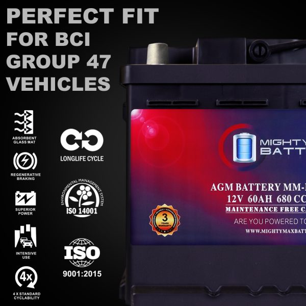 Mighty Max Battery MM-H5 Start and Stop Car Group Size 47 12V 60 AH, 100RC, 680 CCA Rechargeable AGM Car battery