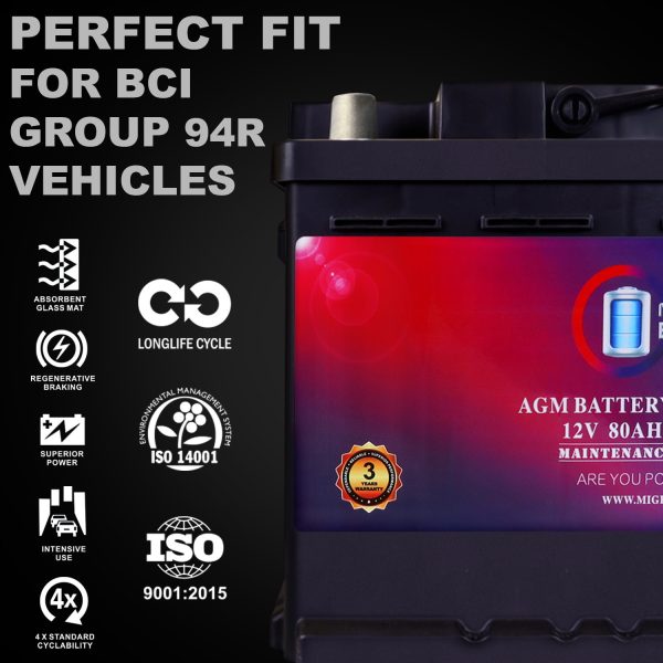 Mighty Max Battery MM-H7 Start and Stop Car Group Size 94R 12V 80AH, 140RC, 850 CCA Rechargeable AGM Car battery