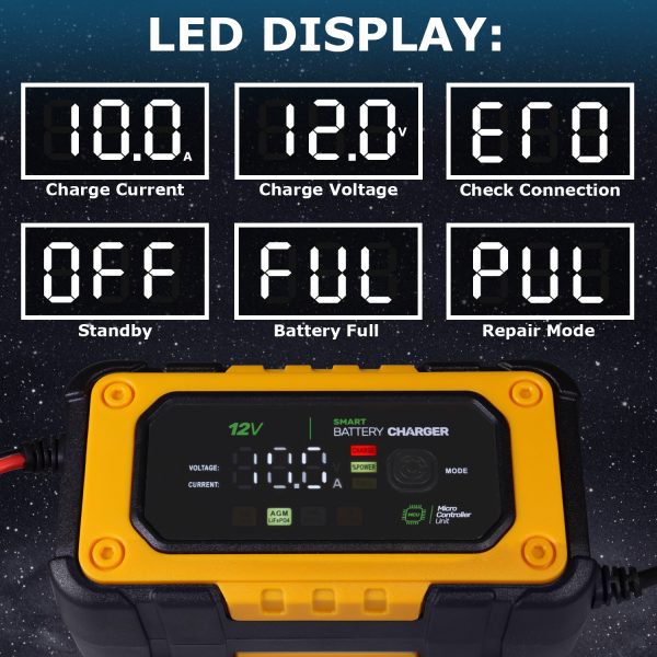 12V 7A Smart Battery Charger and Maintainer with Repair Mode Compatible with LiFePO4, SLA, GEL, AGM and Wet Cell Batteries