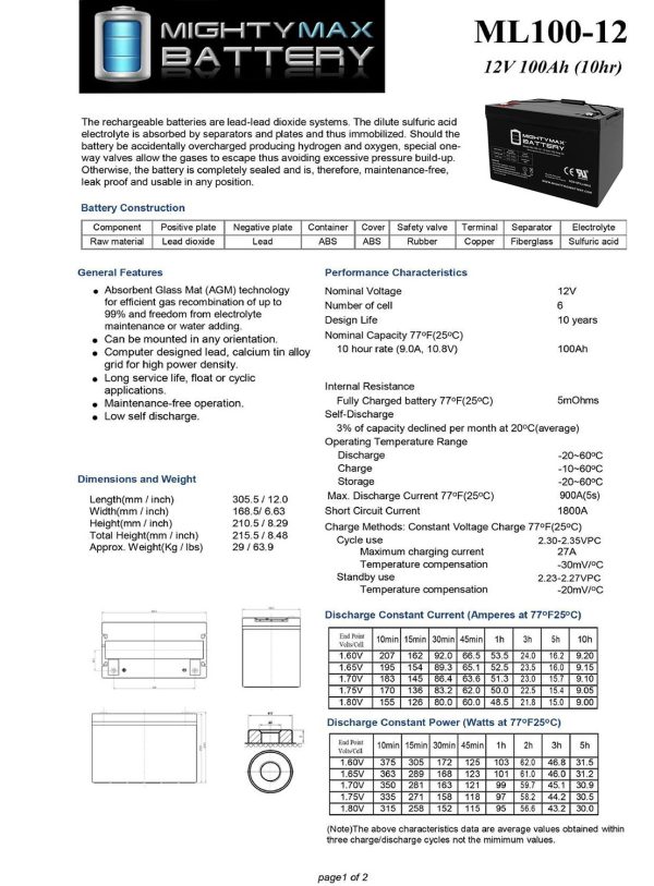 ML100-12 - 12 Volt 100 AH, Internal Thread (INT) Terminal, Rechargeable SLA AGM Battery