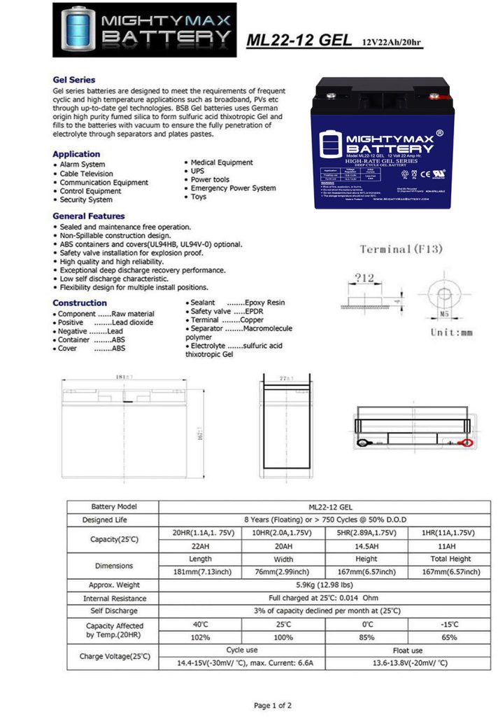 thumbnail image 2 of Mighty Max ML75-12 GEL 12V 75AH Battery – INT Terminal, Rechargeable SLA AGM 2 of 4