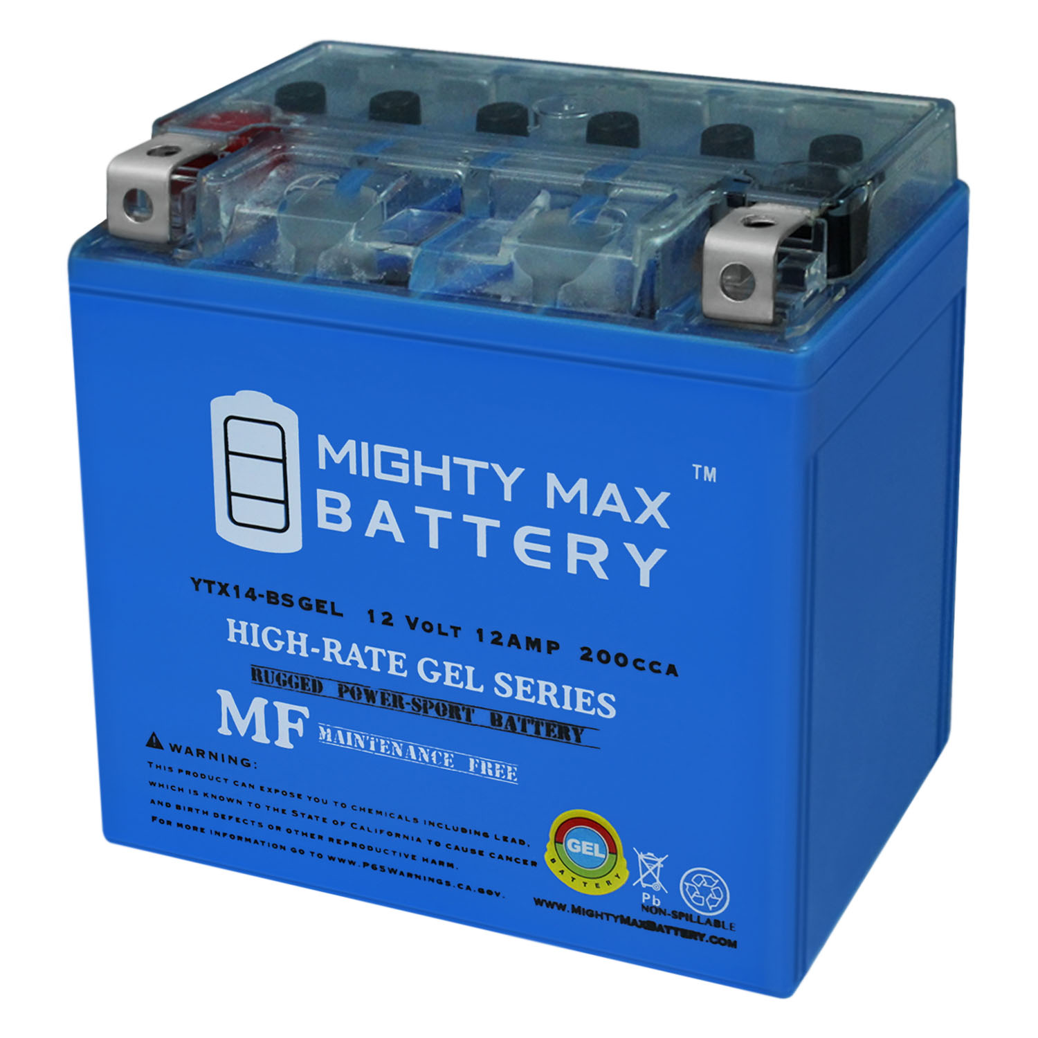 Mighty Max YTX16-BS GEL Motorcycle Battery - 12V 14AH 230CCA, Rechargeable SLA AGM For Powersports