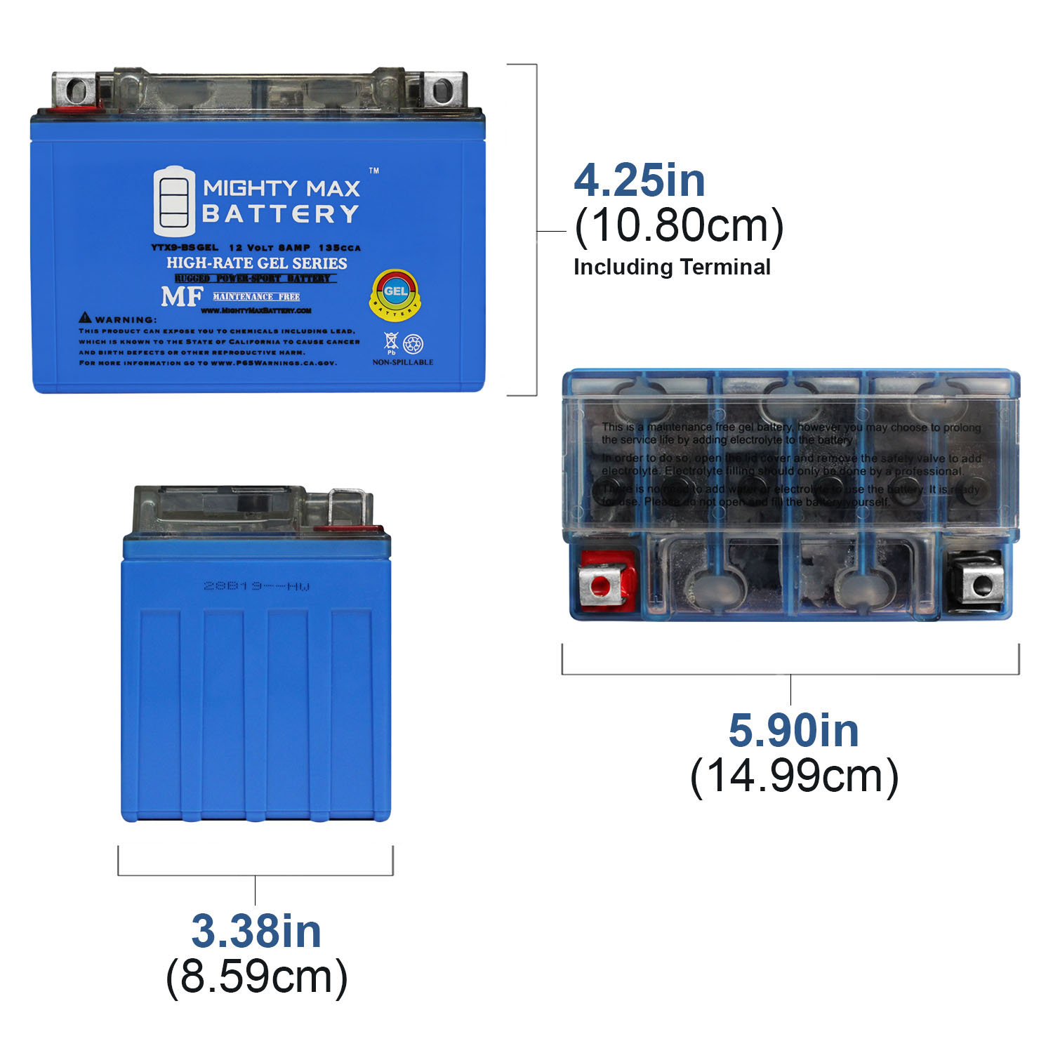 thumbnail image 2 of Mighty Max YTX4L-BS GEL Battery - 12V 3AH Replacement For Honda CB500X, CB650F 2 of 11
