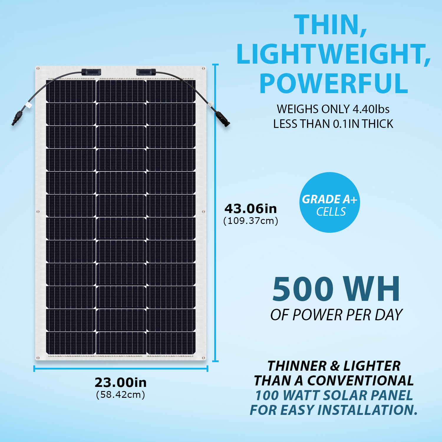 100 Watt 12 Volt, High Efficiency Monocrystalline Flexible Lightweight Solar Panel for RV, Marine, Cabin, Van, Farm, Home, Uneven Surfaces, Off-Grid Applications and More..