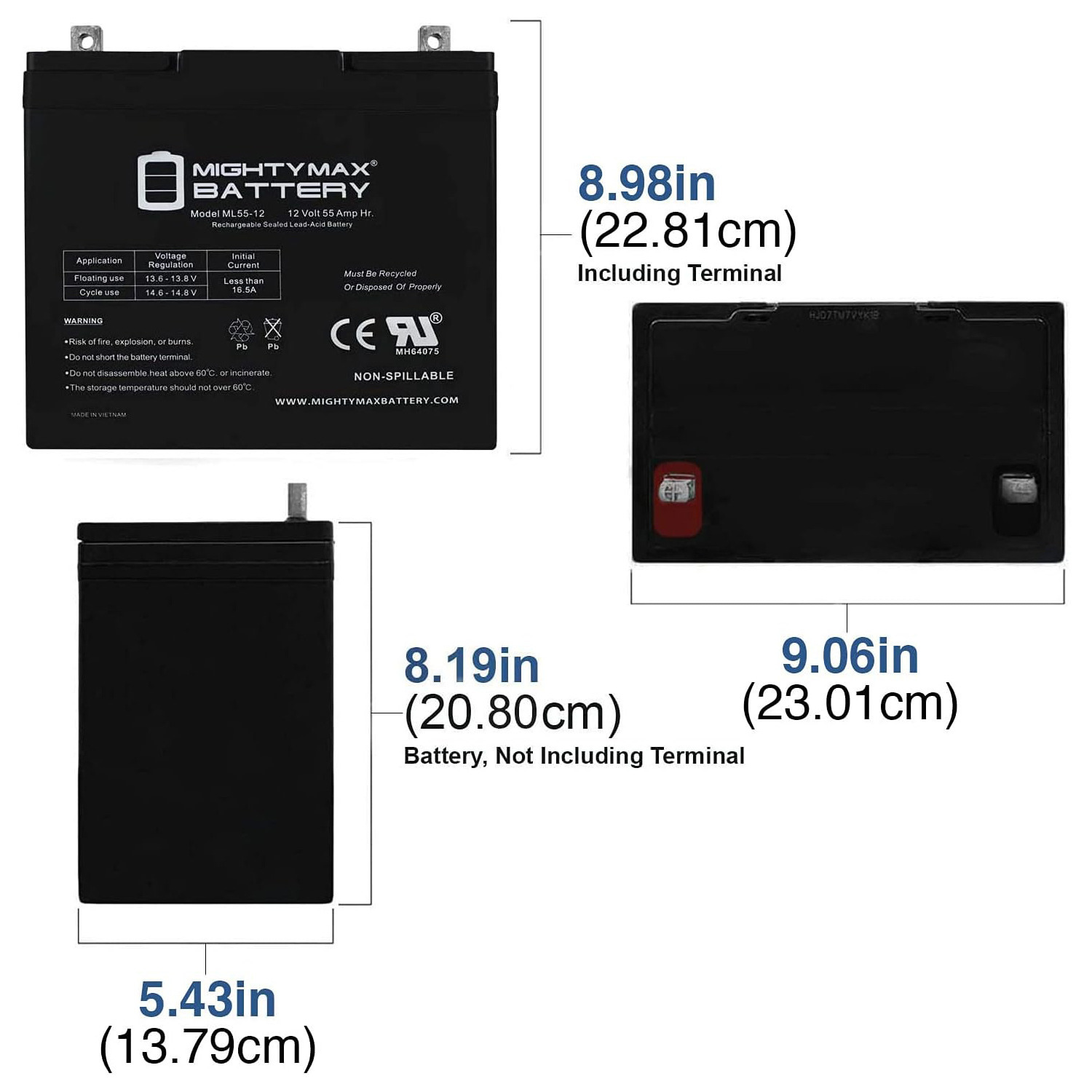 thumbnail image 2 of 12V 55Ah Battery Replacement For Ritar RA12-55 2 of 14