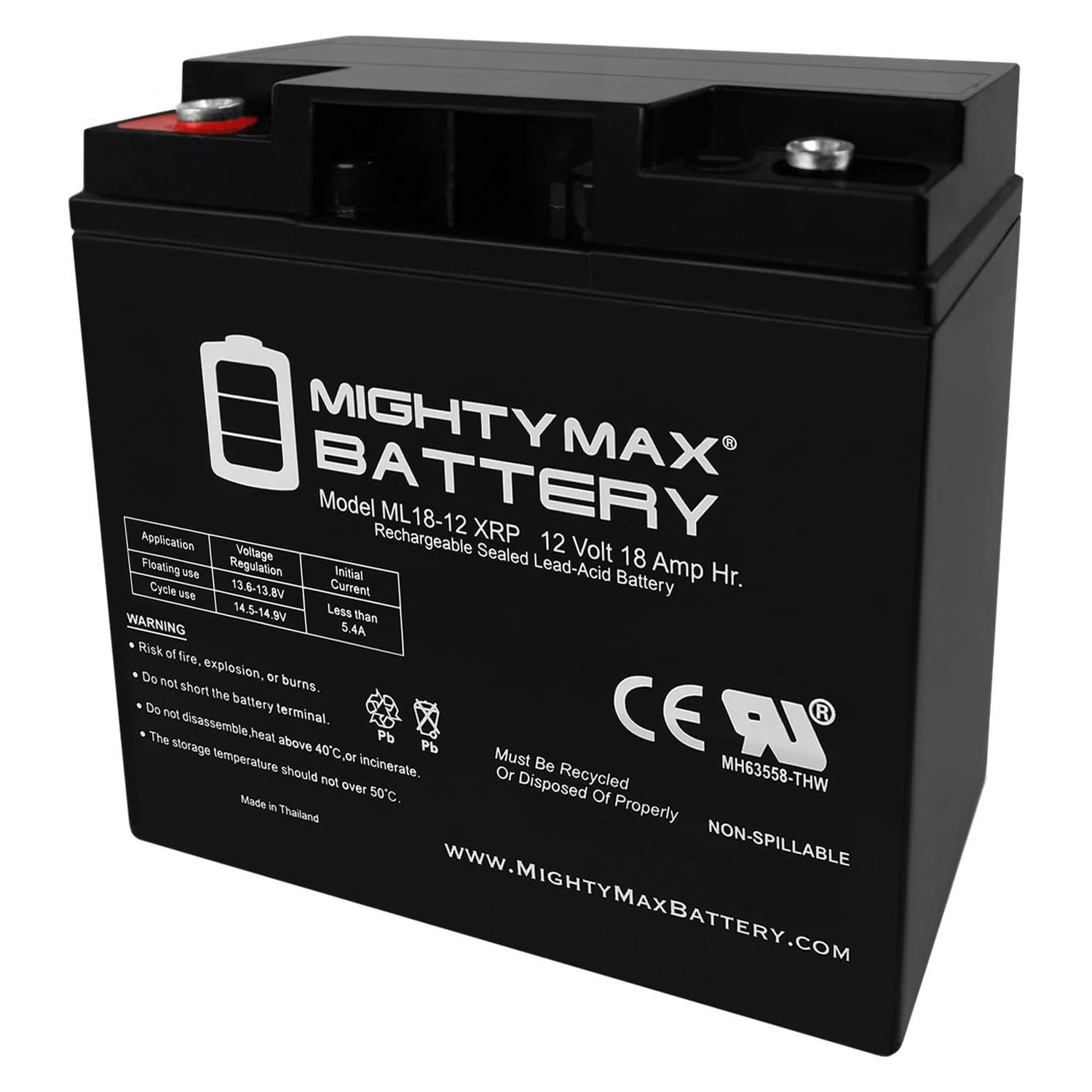 ML18-12XRP – 12 Volt 18 AH, Internal Thread (INT) Terminal, Reverse Polarity, Rechargeable SLA AGM Battery ML18-12XRP - 12 Volt 18 AH, Internal Thread (INT) Terminal, Reverse Polarity, Rechargeable SLA AGM Battery