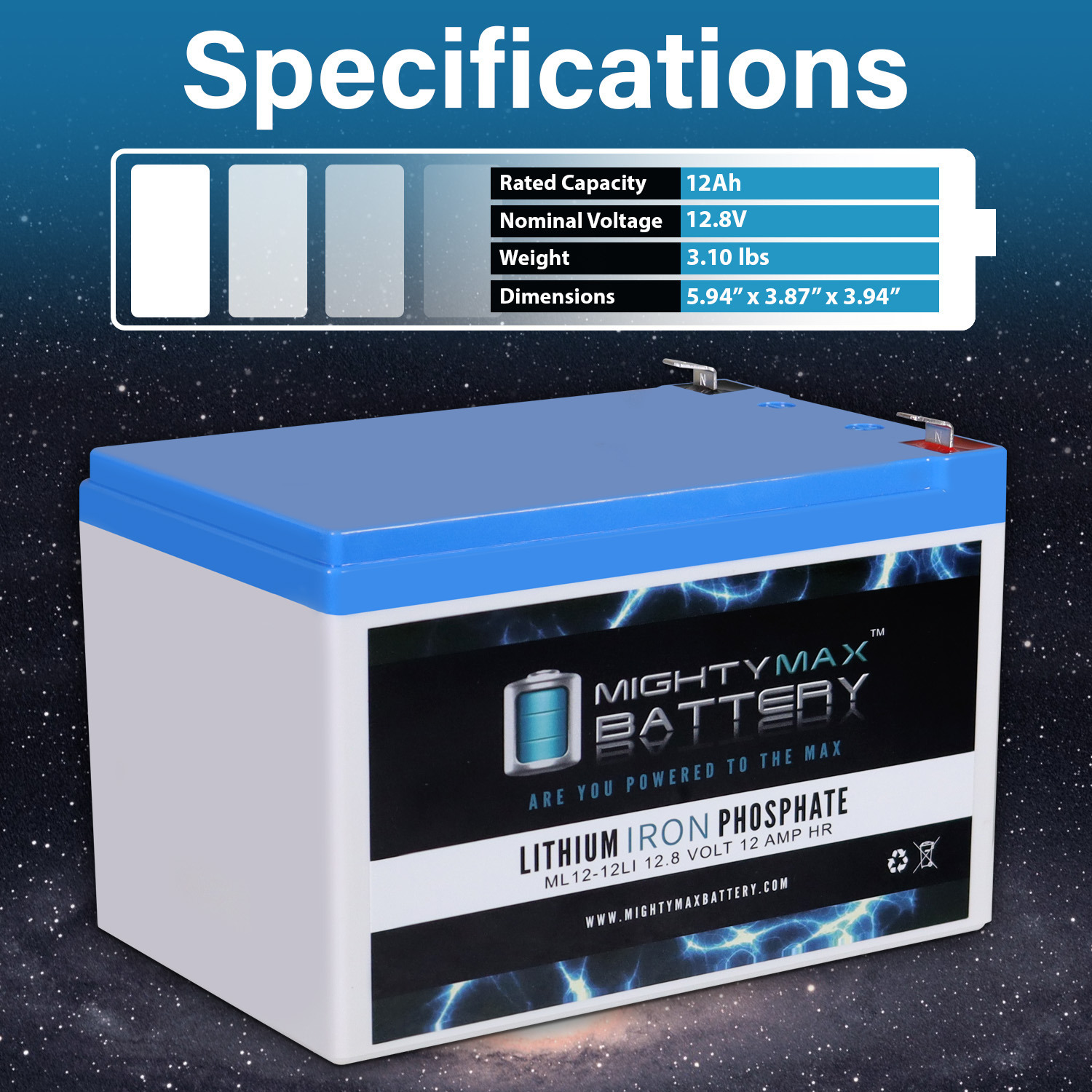 ML12-12LI – 12 Volt 12 AH – Deep Cycle Lithium Iron Phosphate (LiFePO4) Rechargeable Maintenance Free Battery ML12-12LI - 12 Volt 12 AH - Deep Cycle Lithium Iron Phosphate (LiFePO4) Rechargeable Maintenance Free Battery