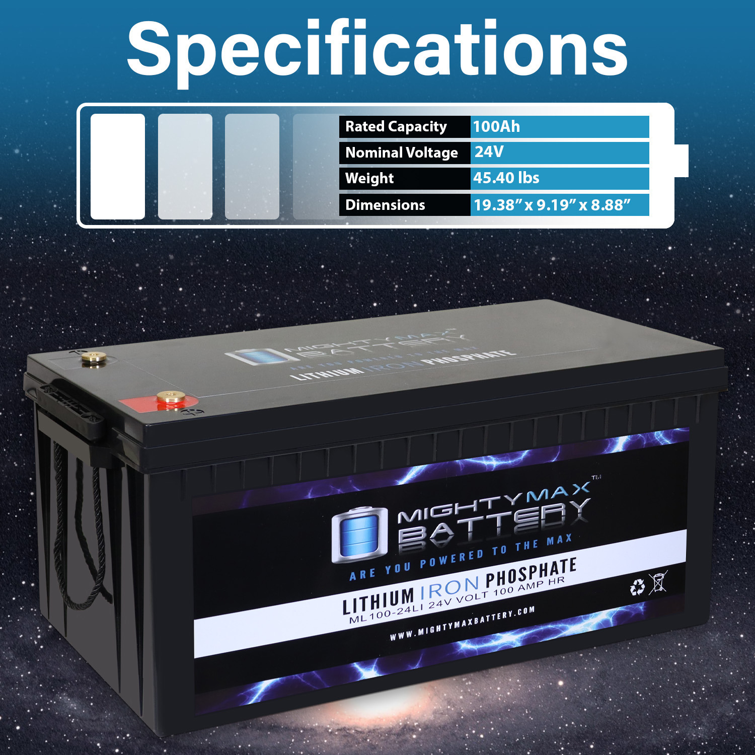 Mighty Max Battery ML100-24LI 24V 100Ah Lithium Iron Phosphate (LiFePO4) Rechargeable and Maintenance Free Battery Mighty Max Battery ML100-24LI 24V 100Ah Lithium Iron Phosphate (LiFePO4) Rechargeable and Maintenance Free Battery