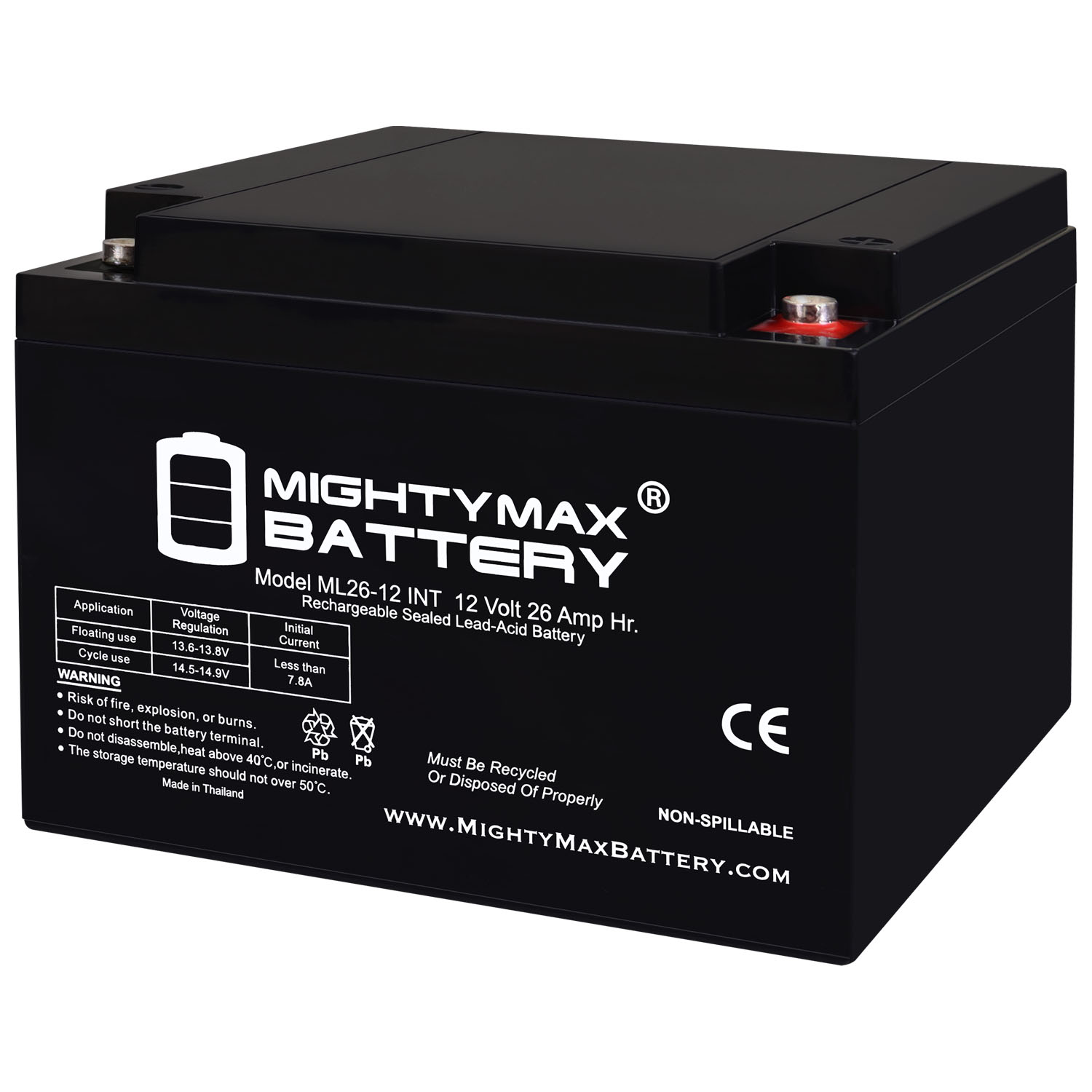 ML26-12INT – 12 Volt 26 AH, Internal Thread (INT) Terminal, Rechargeable SLA AGM Battery ML26-12INT - 12 Volt 26 AH, Internal Thread (INT) Terminal, Rechargeable SLA AGM Battery