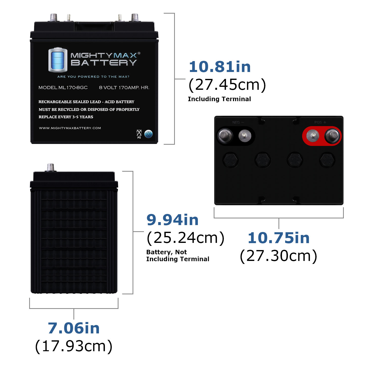 Mighty Max Battery ML170-8GC – 8 Volt 170 AH, Dual Terminal, Rechargeable SLA AGM Battery For Golf Cart Mighty Max Battery ML170-8GC - 8 Volt 170 AH, Dual Terminal, Rechargeable SLA AGM Battery For Golf Cart