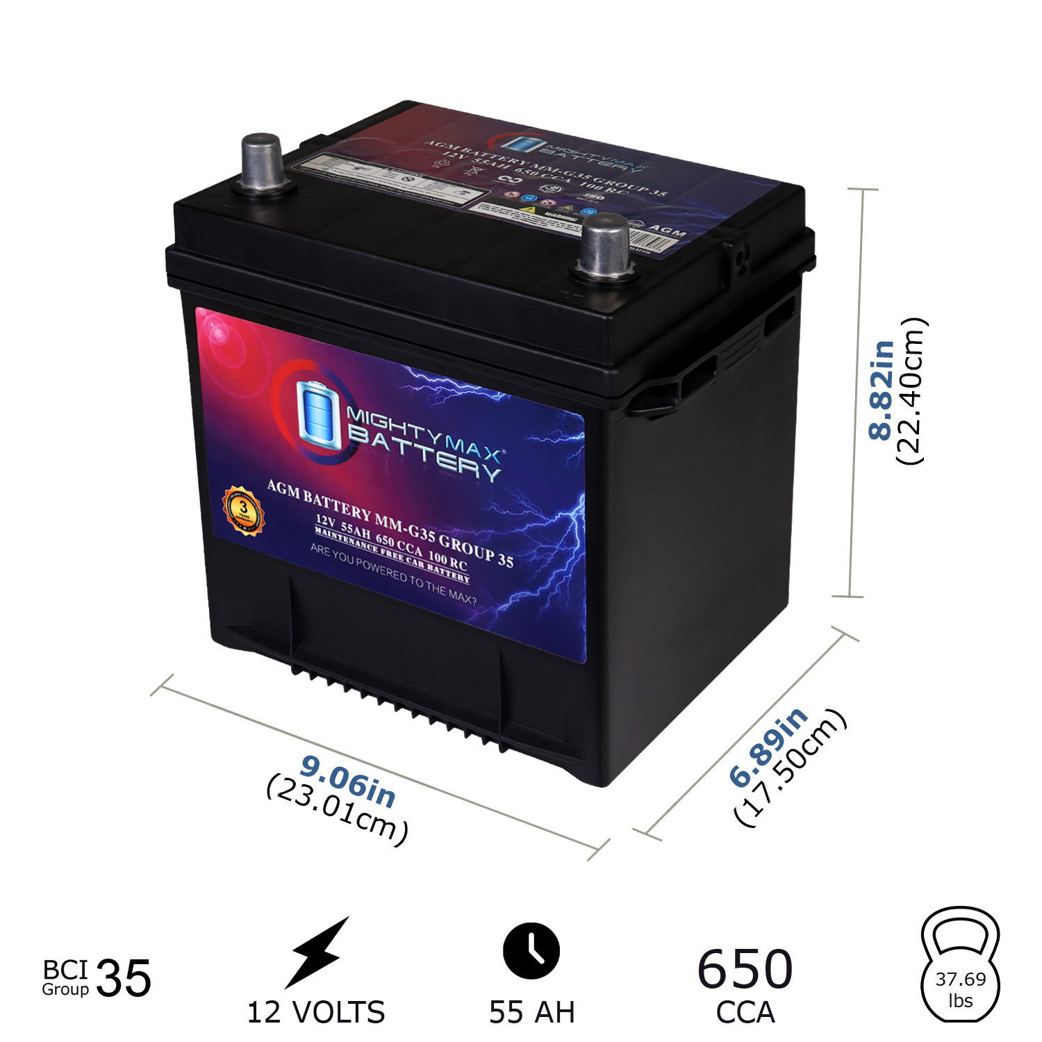 MM-G35 Start and Stop Car BCI Group Size 35 12V 55Ah, 100RC, 650 CCA Rechargeable AGM Car battery MM-G35 Start and Stop Car BCI Group Size 35 12V 55Ah, 100RC, 650 CCA Rechargeable AGM Car battery
