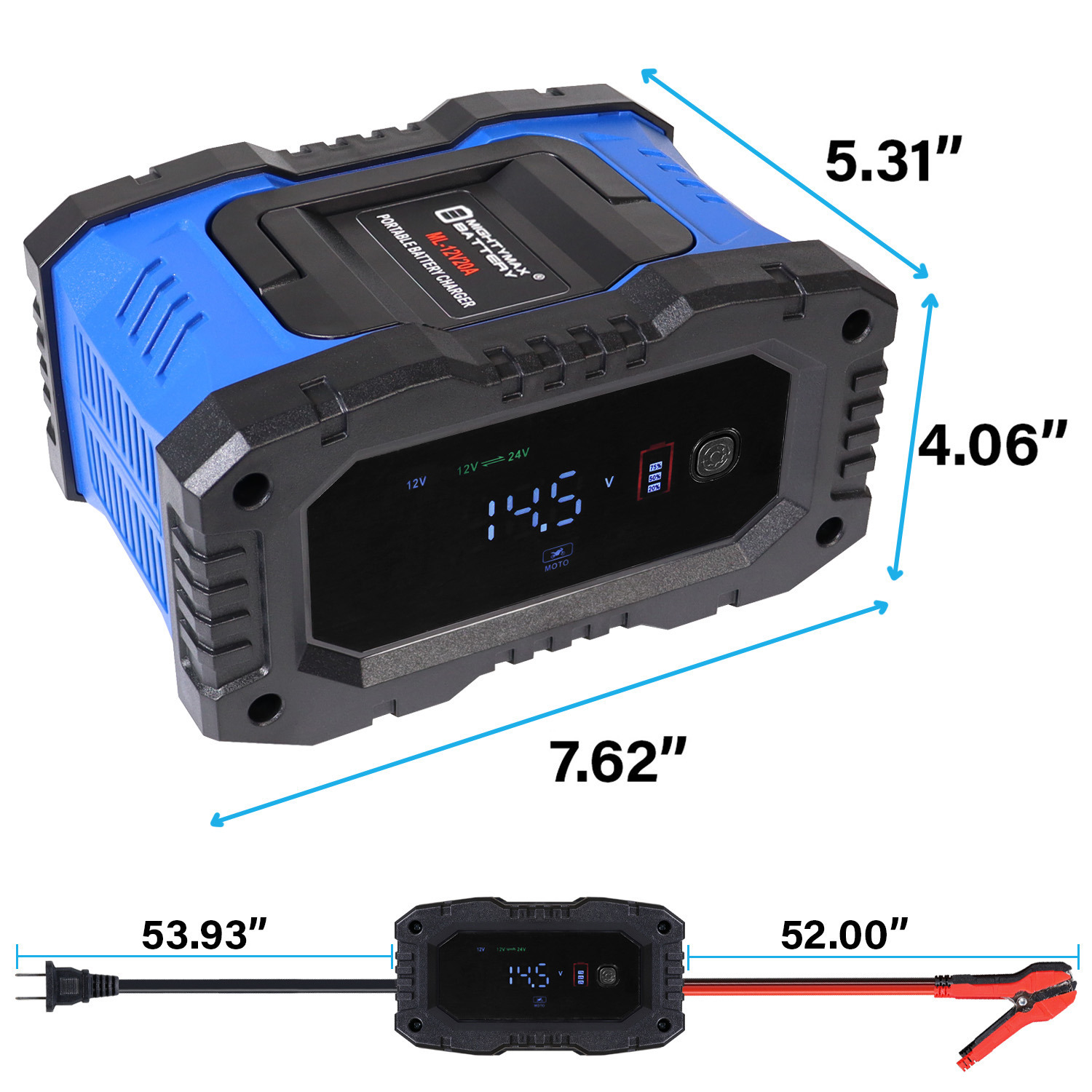 12V/24V 20Amp Smart Automatic Charger & Maintainer with Restoration, Desulfator, and Winter Mode for Car, RV, Boat, ATV, Truck, Motorcycle – Lithium, AGM, SLA, Gel, Wet, Deep Cycle 12V 20A Smart Battery Charger and Maintainer with Repair Mode, Compatible with LiFePO4, SLA, GEL, AGM, and Deep Cycle Batteries