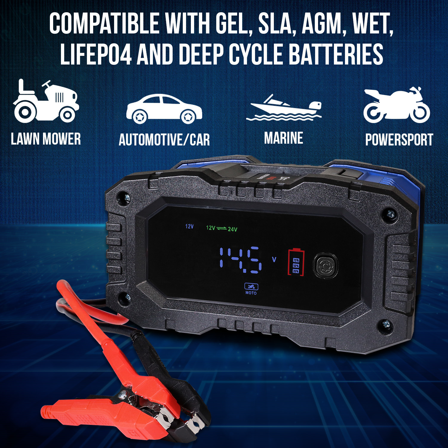 12V/24V 20Amp Smart Automatic Charger & Maintainer with Restoration, Desulfator, and Winter Mode for Car, RV, Boat, ATV, Truck, Motorcycle – Lithium, AGM, SLA, Gel, Wet, Deep Cycle 12V 20A Smart Battery Charger and Maintainer with Repair Mode, Compatible with LiFePO4, SLA, GEL, AGM, and Deep Cycle Batteries