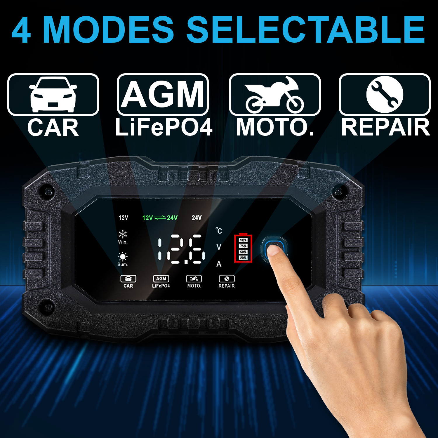 12V/24V 20Amp Smart Automatic Charger & Maintainer with Restoration, Desulfator, and Winter Mode for Car, RV, Boat, ATV, Truck, Motorcycle – Lithium, AGM, SLA, Gel, Wet, Deep Cycle 12V 20A Smart Battery Charger and Maintainer with Repair Mode, Compatible with LiFePO4, SLA, GEL, AGM, and Deep Cycle Batteries