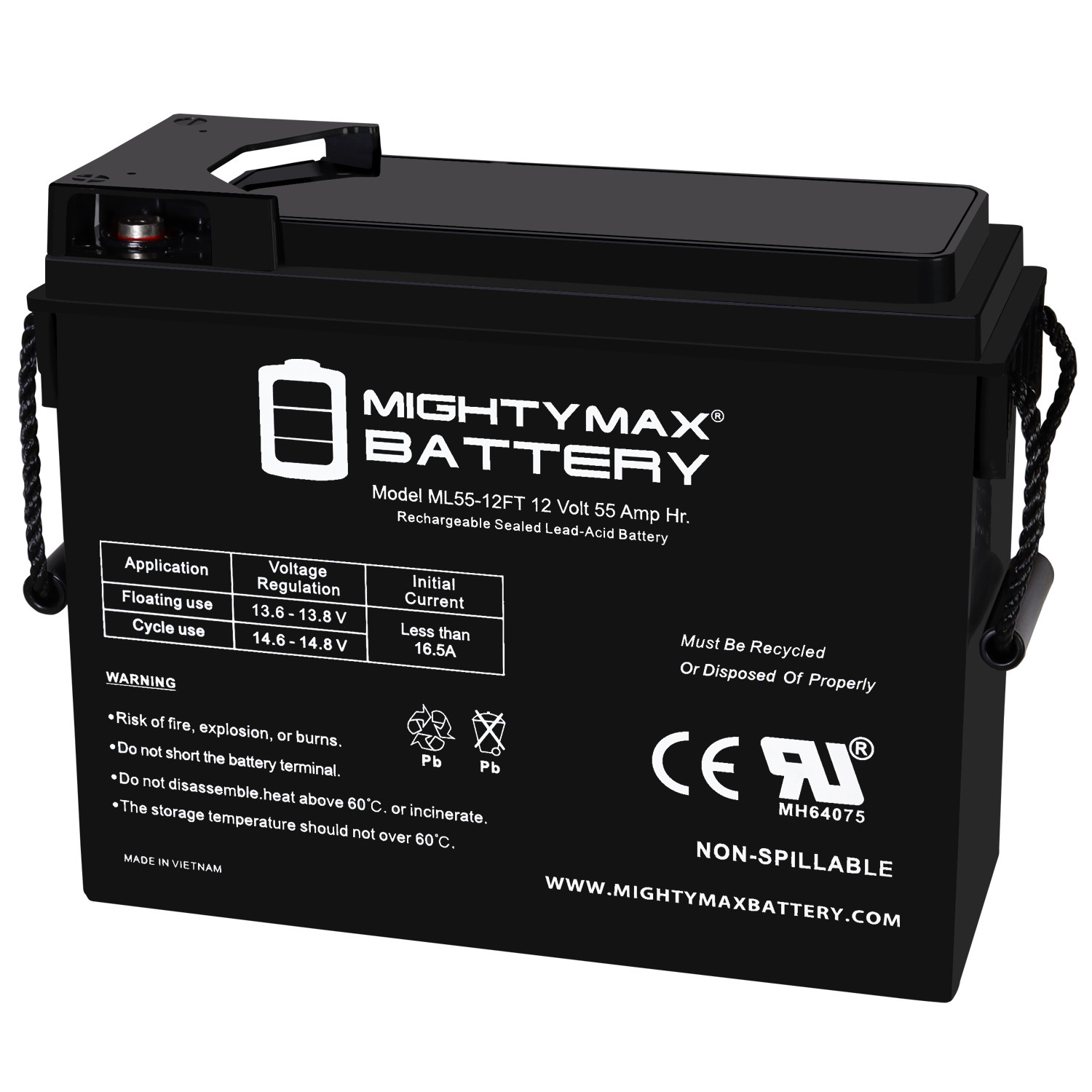 ML55-12FT – 12 Volt 55 AH, Front Terminal, Rechargeable SLA AGM Battery ML55-12FT - 12 Volt 55 AH, Front Terminal, Rechargeable SLA AGM Battery