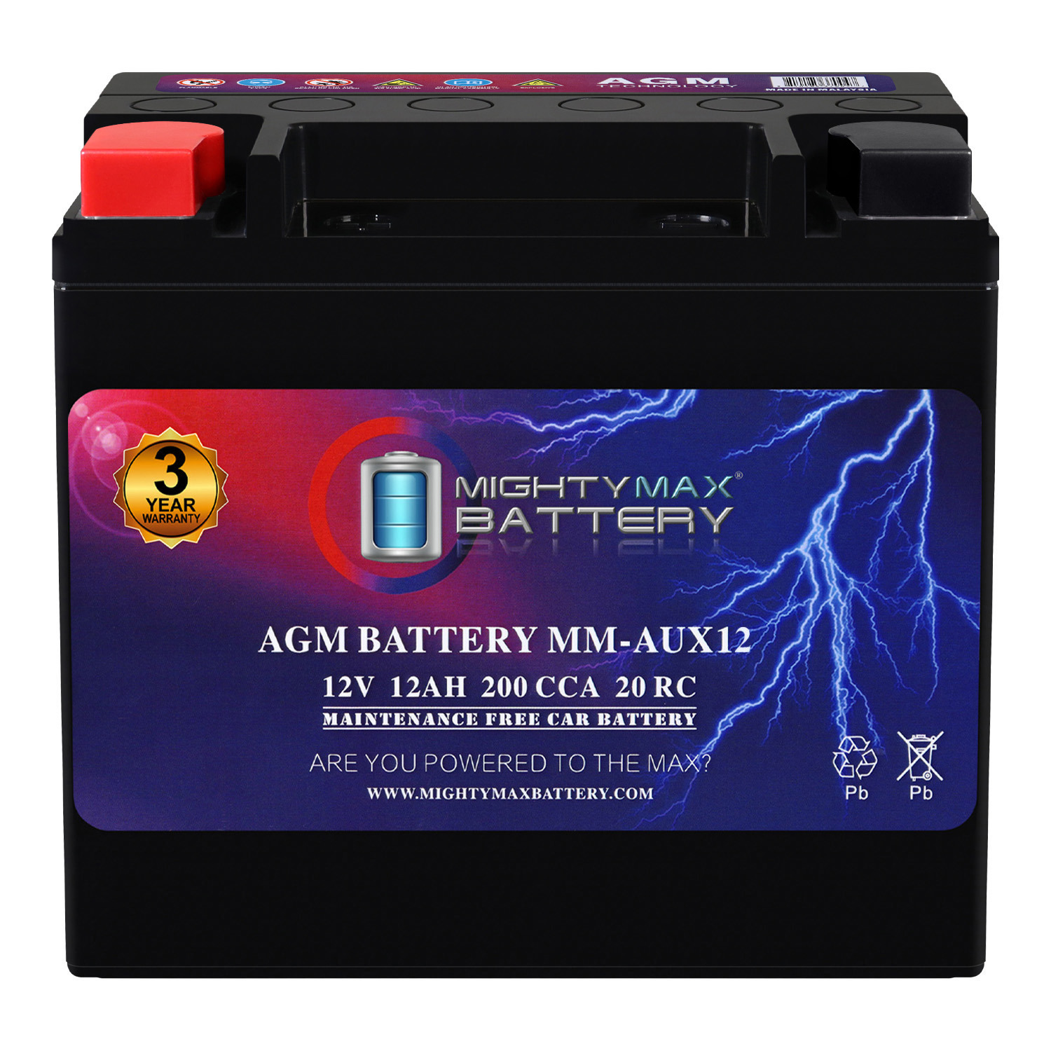 MM-AUX12 Auxiliary Battery 12V 12Ah, 20RC, 200 CCA Rechargeable AGM Car Battery MM-AUX12 Auxiliary Battery 12V 12Ah, 20RC, 200 CCA Rechargeable AGM Car Battery