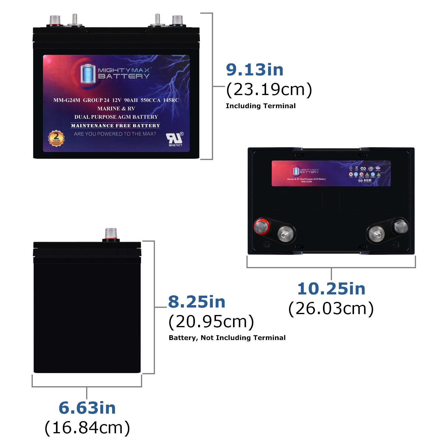 MM-G24M, 12V 90Ah, Group Size 24M Deep-Cycle Marine AGM, Dual-Purpose Starting & Deep Discharge, 550 CCA, 700 MCA, 145 RC, Spill-Proof Maintenance-Free Battery MM-G24M, 12V 90Ah, Group Size 24M Deep-Cycle Marine AGM, Dual-Purpose Starting & Deep Discharge, 550 CCA, 700 MCA, 145 RC, Spill-Proof Maintenance-Free Battery