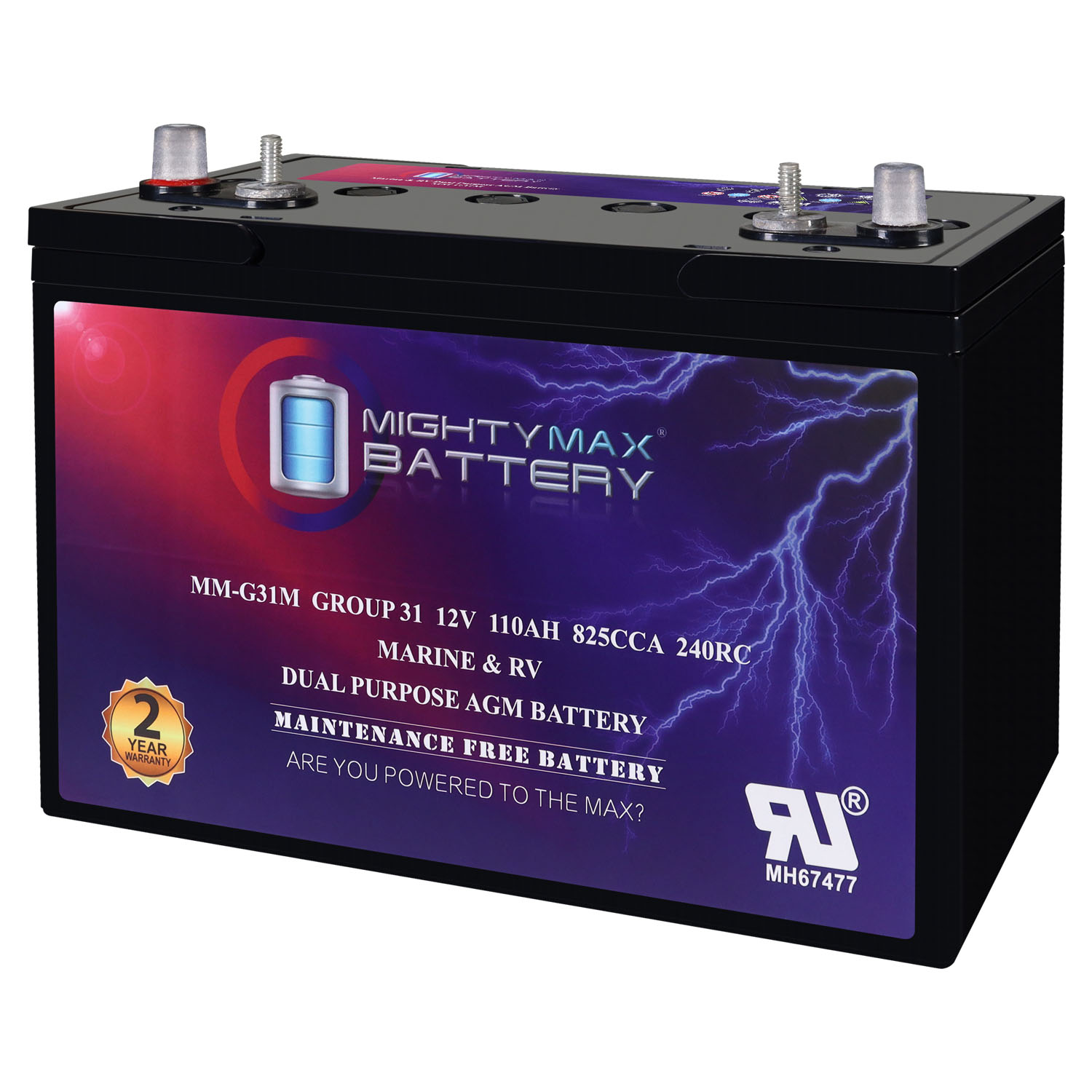 MM-G31M, 12V 110Ah, Group Size 31M Deep-Cycle Marine AGM, Dual-Purpose Starting & Deep Discharge, 825 CCA, 1000 MCA, 240 RC, Spill-Proof Maintenance-Free Battery MM-G31M, 12V 110Ah, Group Size 31M Deep-Cycle Marine AGM, Dual-Purpose Starting & Deep Discharge, 825 CCA, 1000 MCA, 240 RC, Spill-Proof Maintenance-Free Battery