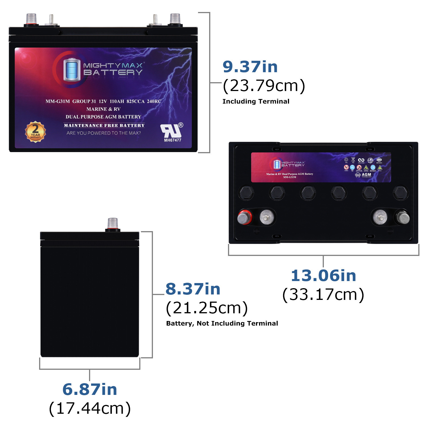 MM-G31M, 12V 110Ah, Group Size 31M Deep-Cycle Marine AGM, Dual-Purpose Starting & Deep Discharge, 825 CCA, 1000 MCA, 240 RC, Spill-Proof Maintenance-Free Battery MM-G31M, 12V 110Ah, Group Size 31M Deep-Cycle Marine AGM, Dual-Purpose Starting & Deep Discharge, 825 CCA, 1000 MCA, 240 RC, Spill-Proof Maintenance-Free Battery