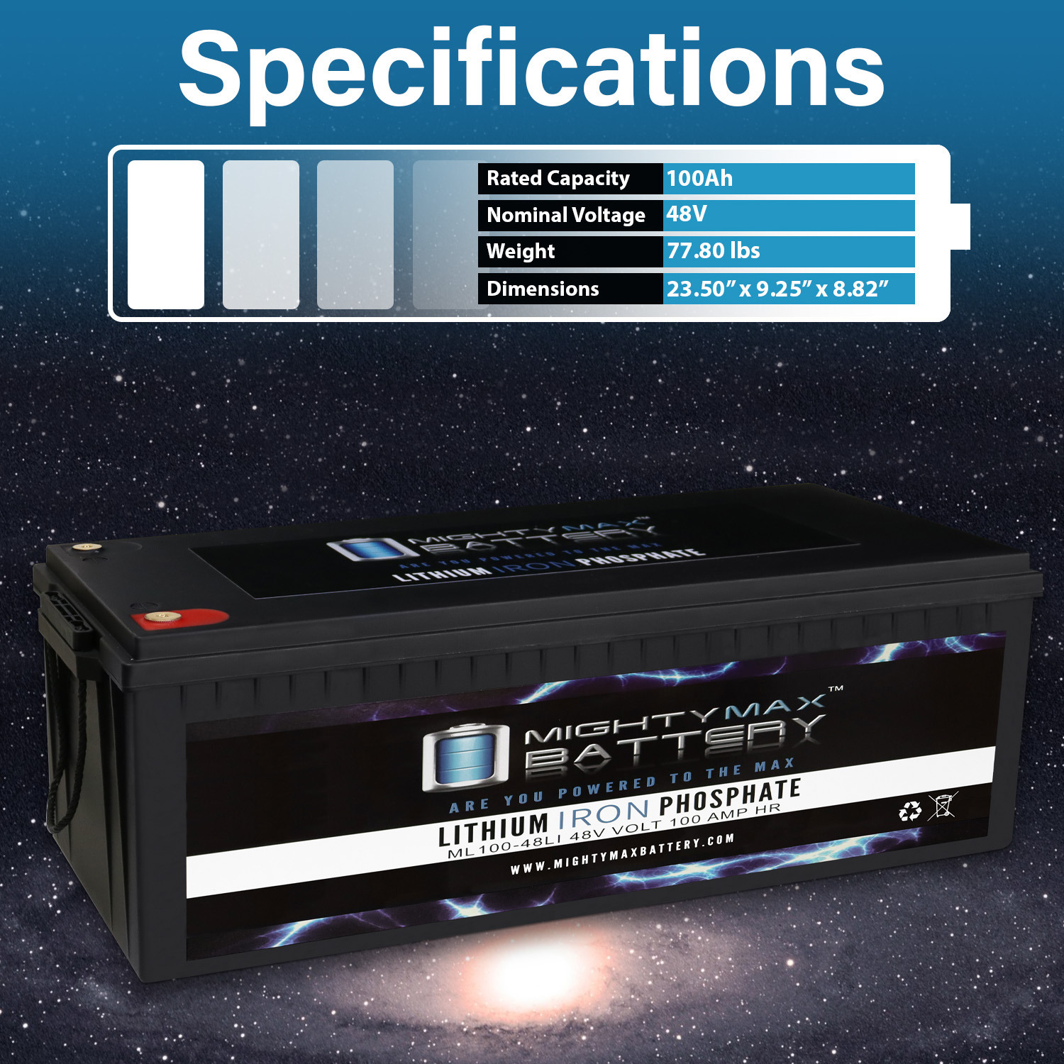 Mighty Max Battery ML100-48LI 48V 100Ah Lithium Iron Phosphate (LiFePO4) Rechargeable and Maintenance Free Battery Mighty Max Battery ML100-48LI 48V 100Ah Lithium Iron Phosphate (LiFePO4) Rechargeable and Maintenance Free Battery