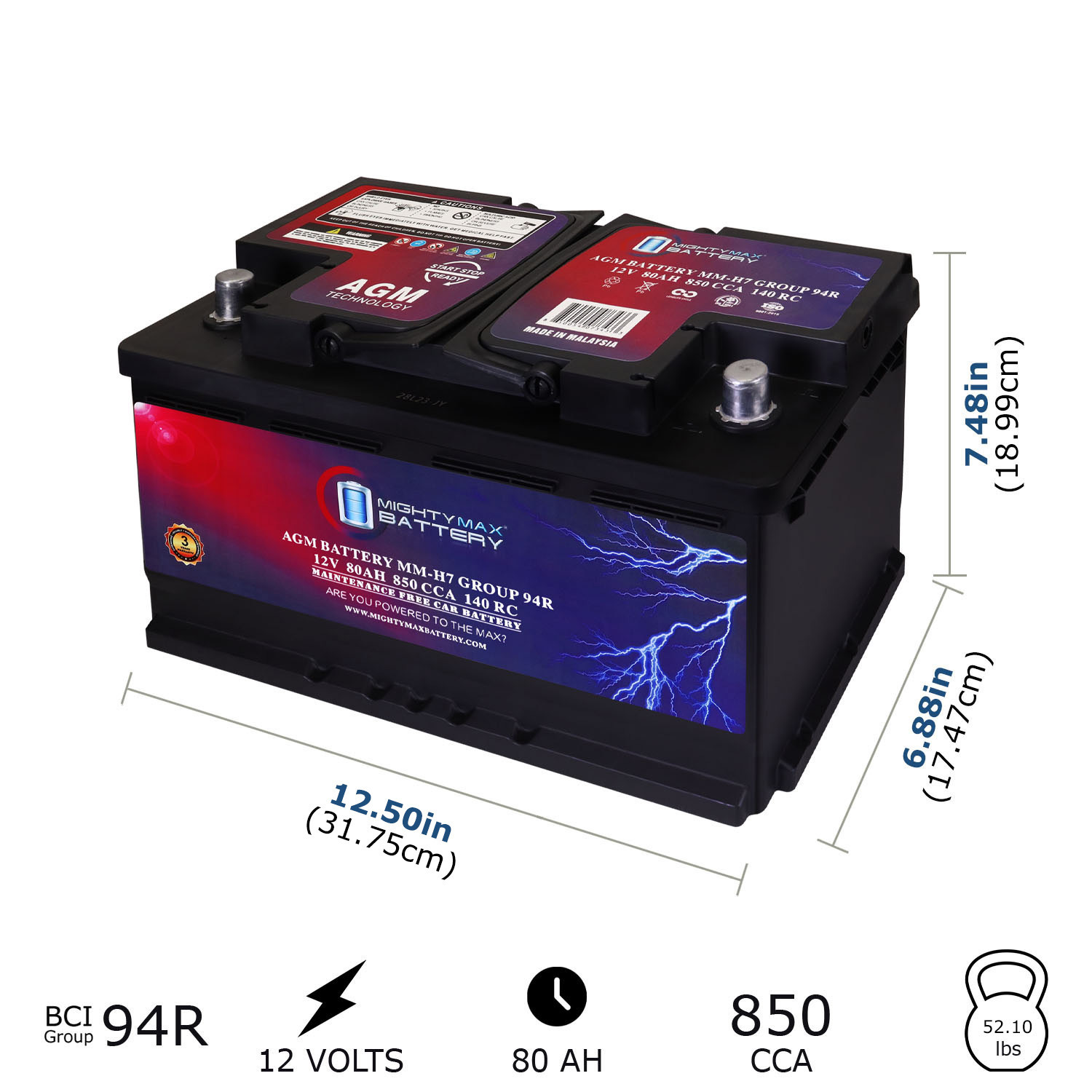 MM-H7 Start and Stop Car BCI Group Size 94R 12V 80AH, 140RC, 850 CCA Rechargeable AGM Car Battery MM-H7 Start and Stop Car BCI Group Size 94R 12V 80AH, 140RC, 850 CCA Rechargeable AGM Car Battery