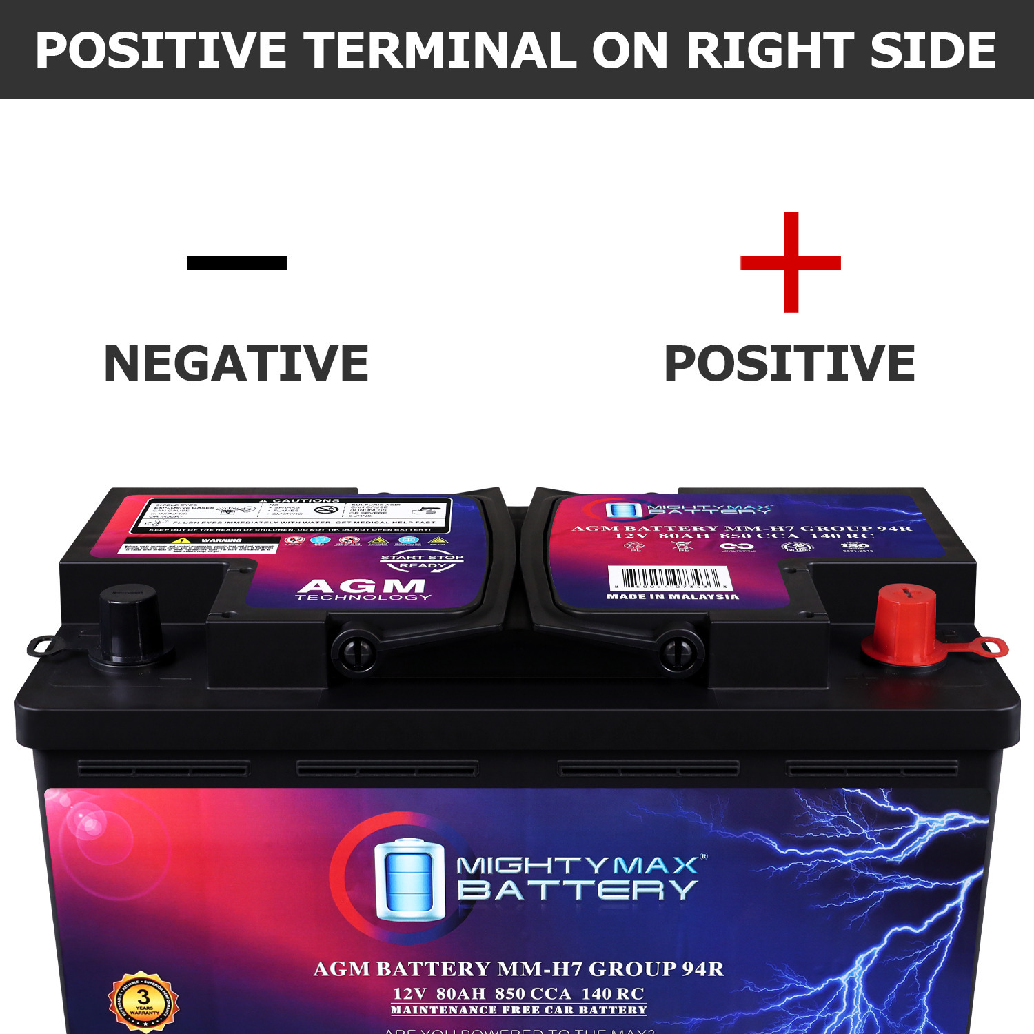 MM-H7 Start and Stop Car BCI Group Size 94R 12V 80AH, 140RC, 850 CCA Rechargeable AGM Car Battery MM-H7 Start and Stop Car BCI Group Size 94R 12V 80AH, 140RC, 850 CCA Rechargeable AGM Car Battery