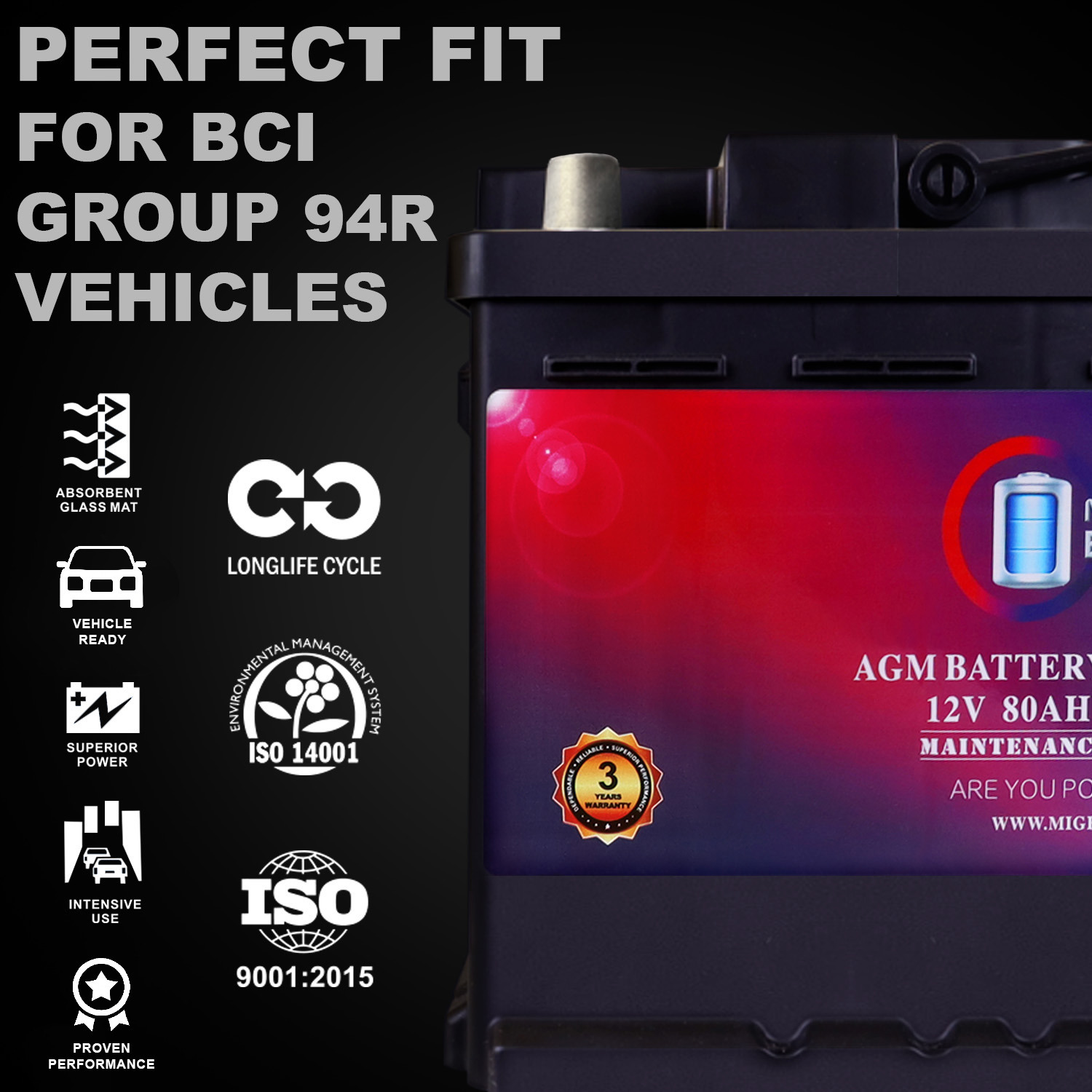 MM-H7 Start and Stop Car BCI Group Size 94R 12V 80AH, 140RC, 850 CCA Rechargeable AGM Car Battery MM-H7 Start and Stop Car BCI Group Size 94R 12V 80AH, 140RC, 850 CCA Rechargeable AGM Car Battery