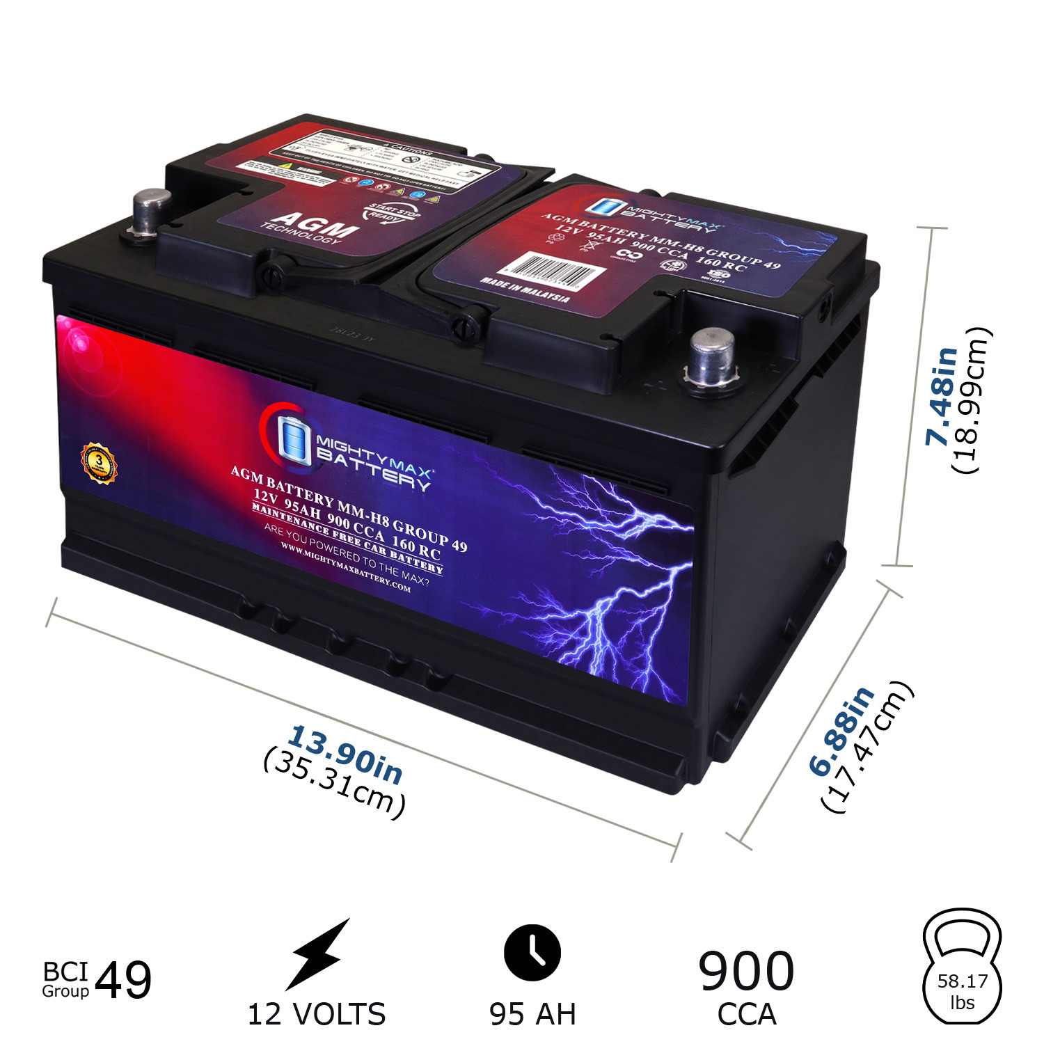MM-H8 Start and Stop Car BCI Group 49 12V 95Ah, 160RC, 900 CCA Rechargeable AGM Car Battery MM-H8 Start and Stop Car BCI Group 49 12V 95Ah, 160RC, 900 CCA Rechargeable AGM Car Battery