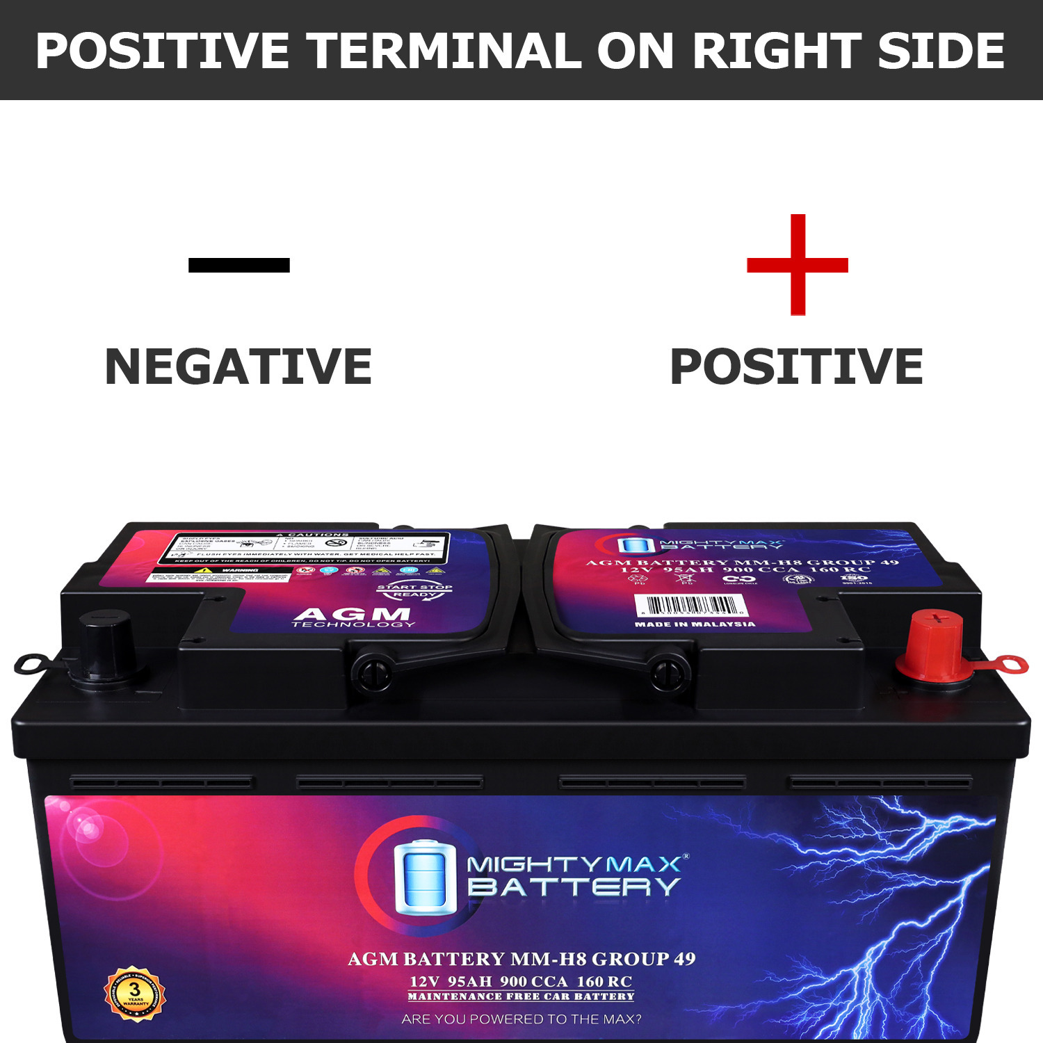 MM-H8 Start and Stop Car BCI Group 49 12V 95Ah, 160RC, 900 CCA Rechargeable AGM Car Battery MM-H8 Start and Stop Car BCI Group 49 12V 95Ah, 160RC, 900 CCA Rechargeable AGM Car Battery