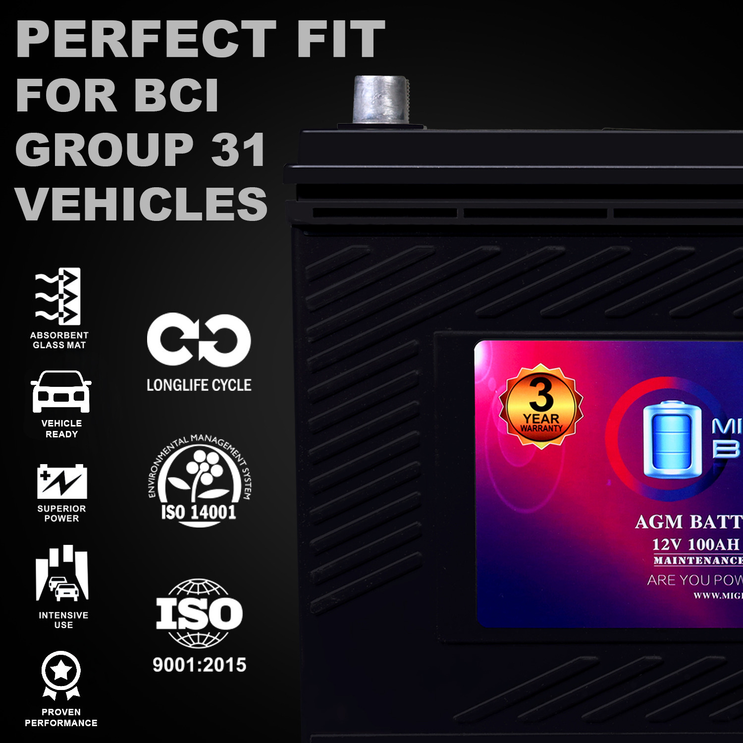 MM-G31 Start and Stop Car BCI Group 31 12V 100AH, 140RC, 900 CCA, Rechargeable AGM Car battery MM-G31 Start and Stop Car BCI Group 31 12V 100AH, 140RC, 900 CCA, Rechargeable AGM Car battery