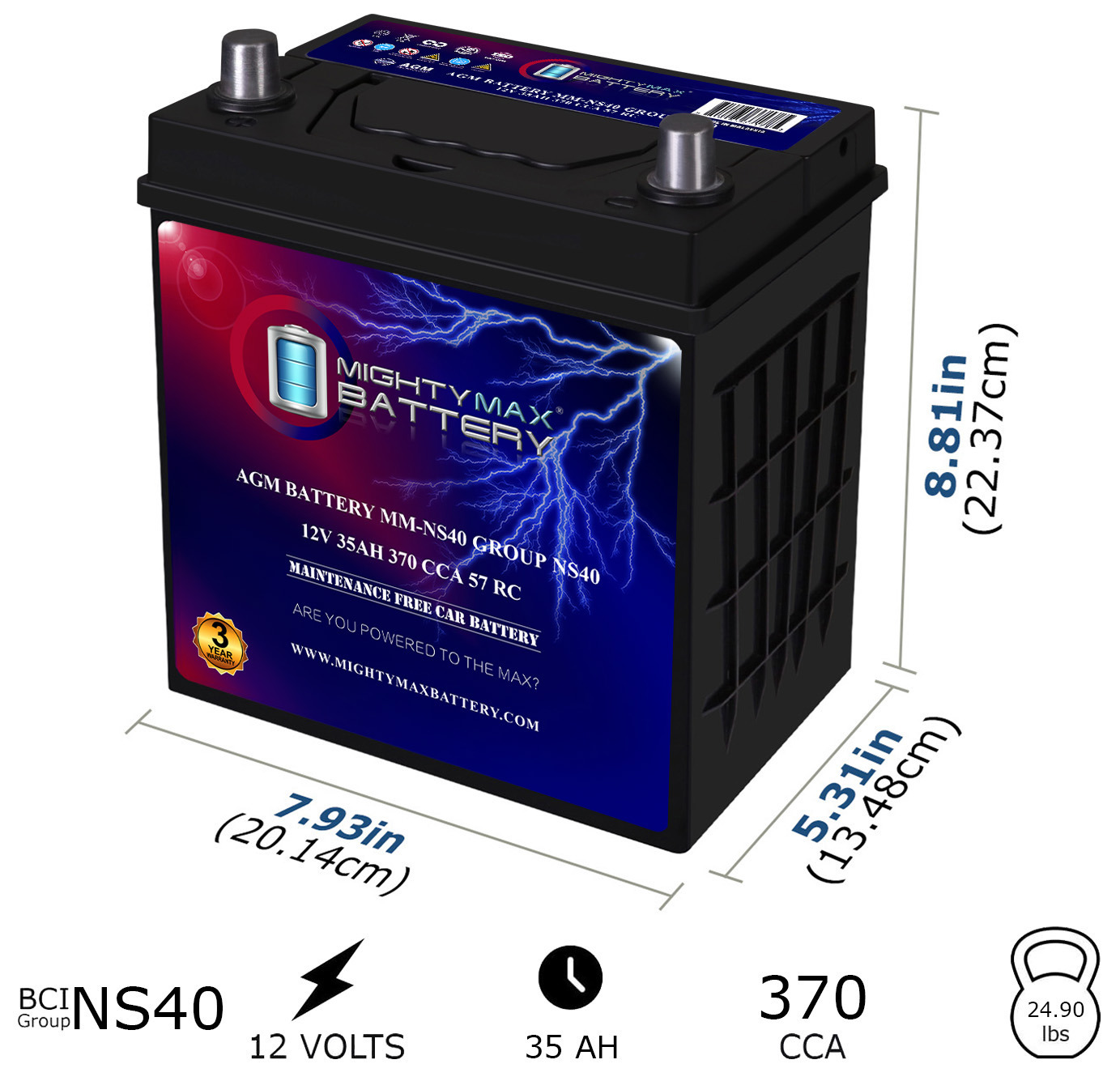 MM-NS40 Start and Stop Car BCI Group Size NS40 12V 35Ah, 57RC, 370 CCA Rechargeable AGM Car Battery MM-NS40 Start and Stop Car BCI Group Size NS40 12V 35Ah, 57RC, 370 CCA Rechargeable AGM Car Battery