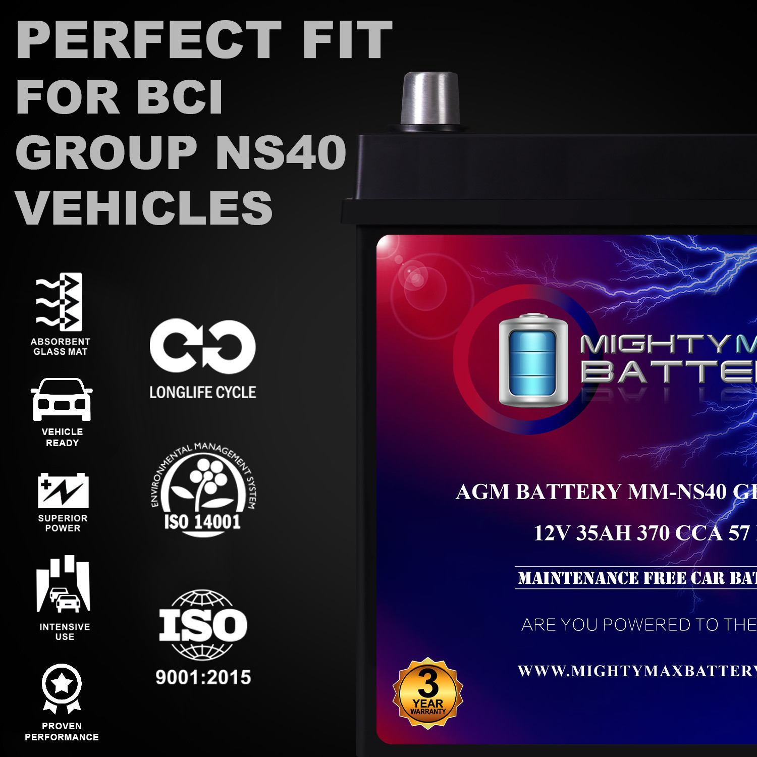MM-NS40 Start and Stop Car BCI Group Size NS40 12V 35Ah, 57RC, 370 CCA Rechargeable AGM Car Battery MM-NS40 Start and Stop Car BCI Group Size NS40 12V 35Ah, 57RC, 370 CCA Rechargeable AGM Car Battery