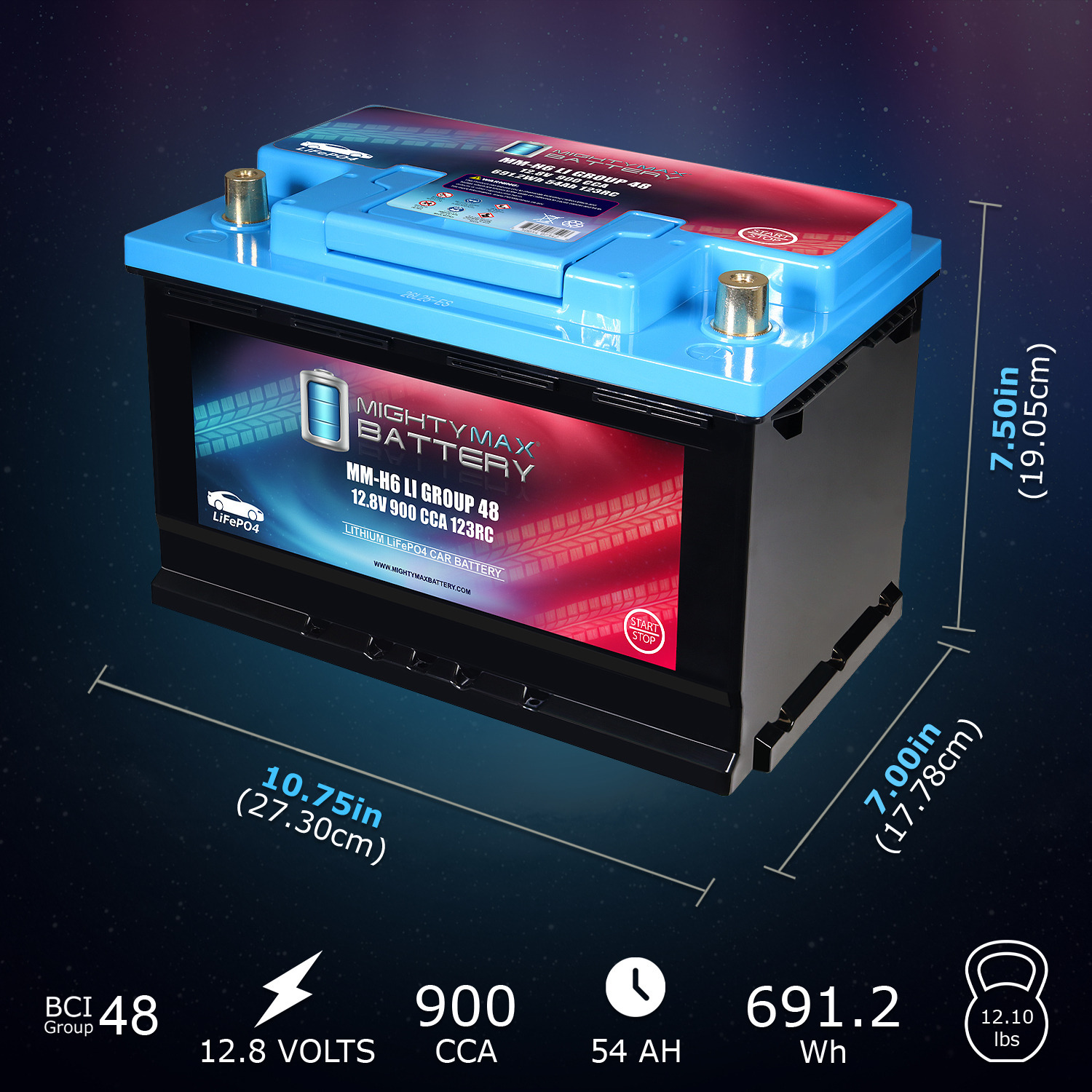 MM-H6LI Lithium Car Battery LiFePO4 12.8V Automotive Start-Stop Compatible Replacement 900CCA 123 RC 54Ah Group 48 Built-in BMS, Lightweight, Long Cycle Life MM-H6LI Lithium Car Battery LiFePO4 12.8V Automotive Start-Stop Compatible Replacement 900CCA 123 RC 54Ah Group 48 Built-in BMS, Lightweight, Long Cycle Life