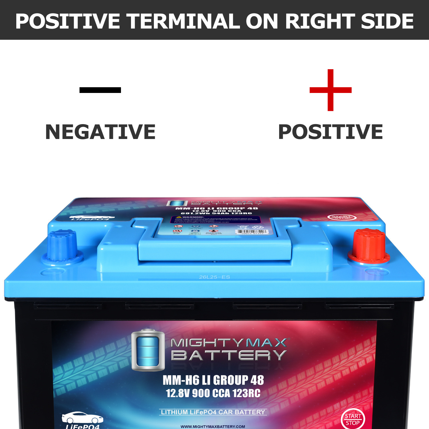MM-H6LI Lithium Car Battery LiFePO4 12.8V Automotive Start-Stop Compatible Replacement 900CCA 123 RC 54Ah Group 48 Built-in BMS, Lightweight, Long Cycle Life MM-H6LI Lithium Car Battery LiFePO4 12.8V Automotive Start-Stop Compatible Replacement 900CCA 123 RC 54Ah Group 48 Built-in BMS, Lightweight, Long Cycle Life