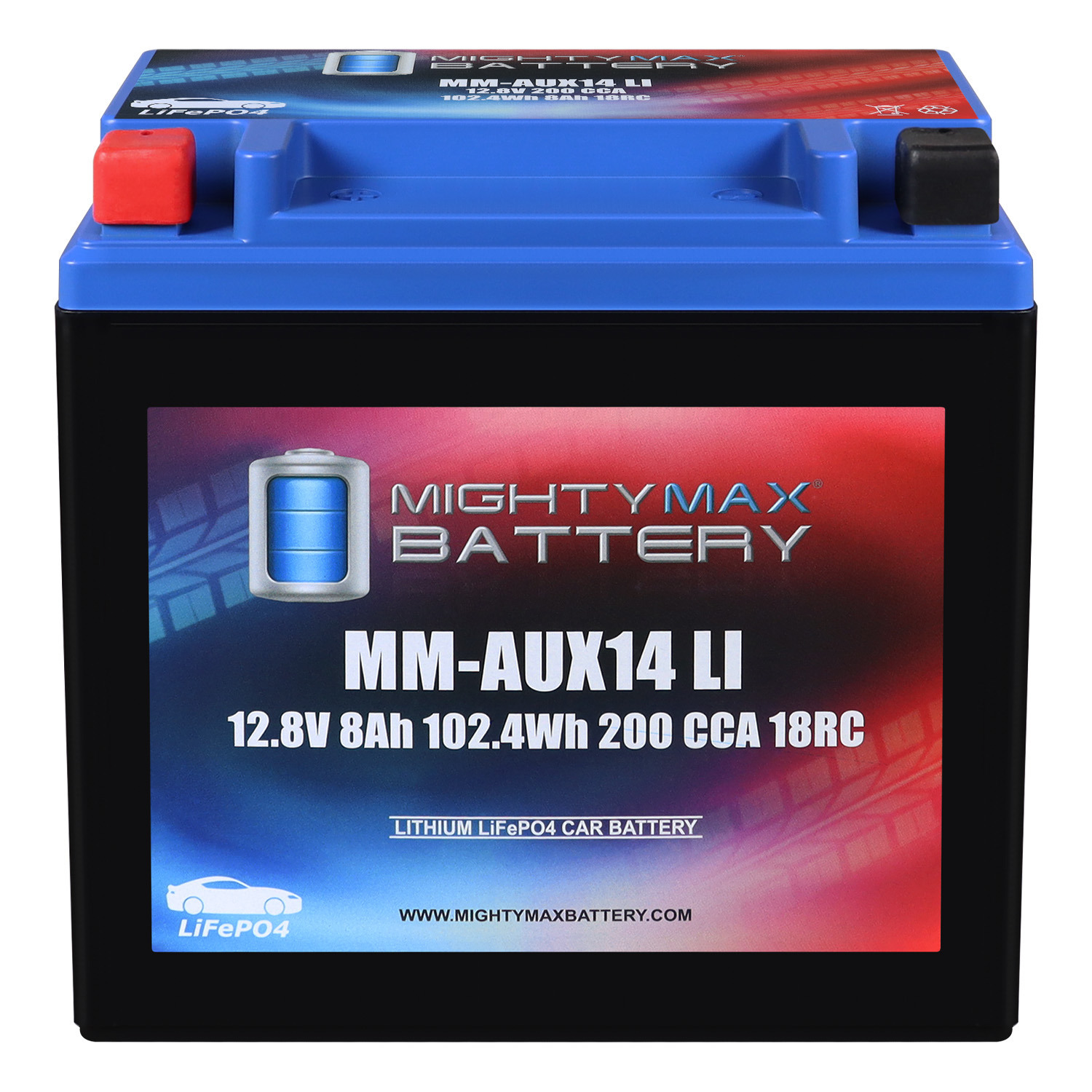 MM-AUX14LI Auxiliary Car Lithium Battery LiFePO4 12.8V 8Ah 200 CCA 18RC Lightweight, Rechargeable, Built-in BMS Protection, Long Cycle Life MM-AUX14LI Auxiliary Car Lithium Battery LiFePO4 12.8V 8Ah 200 CCA 18RC Lightweight, Rechargeable, Built-in BMS Protection, Long Cycle Life
