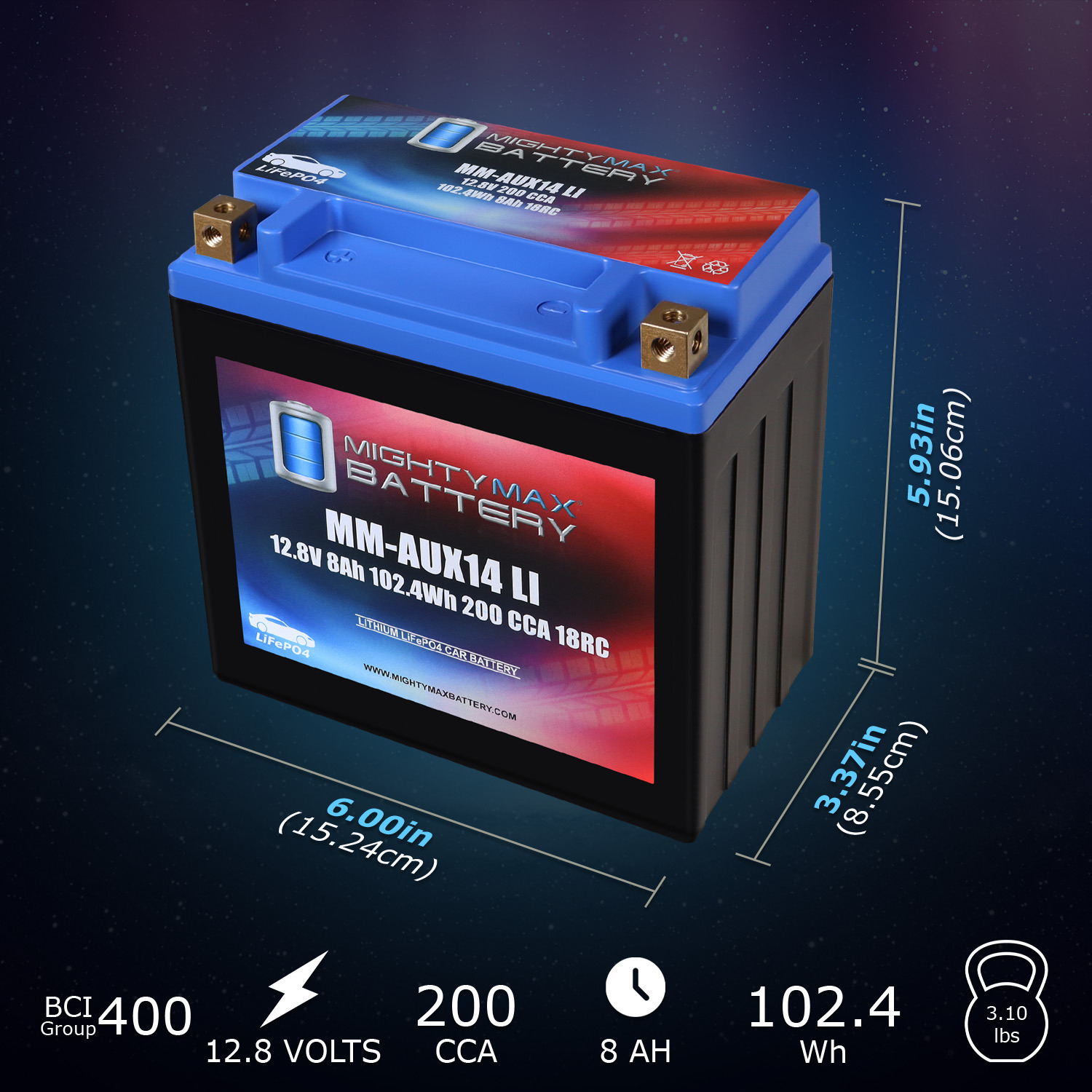 MM-AUX14LI Auxiliary Car Lithium Battery LiFePO4 12.8V 8Ah 200 CCA 18RC Lightweight, Rechargeable, Built-in BMS Protection, Long Cycle Life MM-AUX14LI Auxiliary Car Lithium Battery LiFePO4 12.8V 8Ah 200 CCA 18RC Lightweight, Rechargeable, Built-in BMS Protection, Long Cycle Life