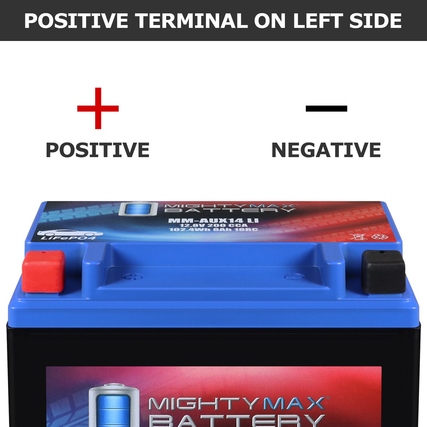 MM-AUX14LI Auxiliary Car Lithium Battery LiFePO4 12.8V 8Ah 200 CCA 18RC Lightweight, Rechargeable, Built-in BMS Protection, Long Cycle Life MM-AUX14LI Auxiliary Car Lithium Battery LiFePO4 12.8V 8Ah 200 CCA 18RC Lightweight, Rechargeable, Built-in BMS Protection, Long Cycle Life