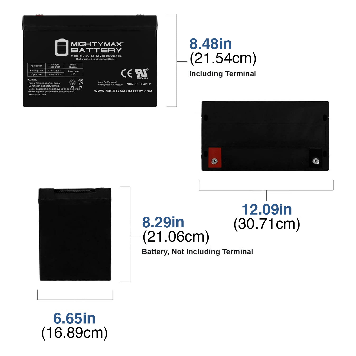 12V 100Ah SLA AGM Battery for Off Grid Solar Panels ML100-12 - 12 Volt 100 AH, Internal Thread (INT) Terminal, Rechargeable SLA AGM Battery